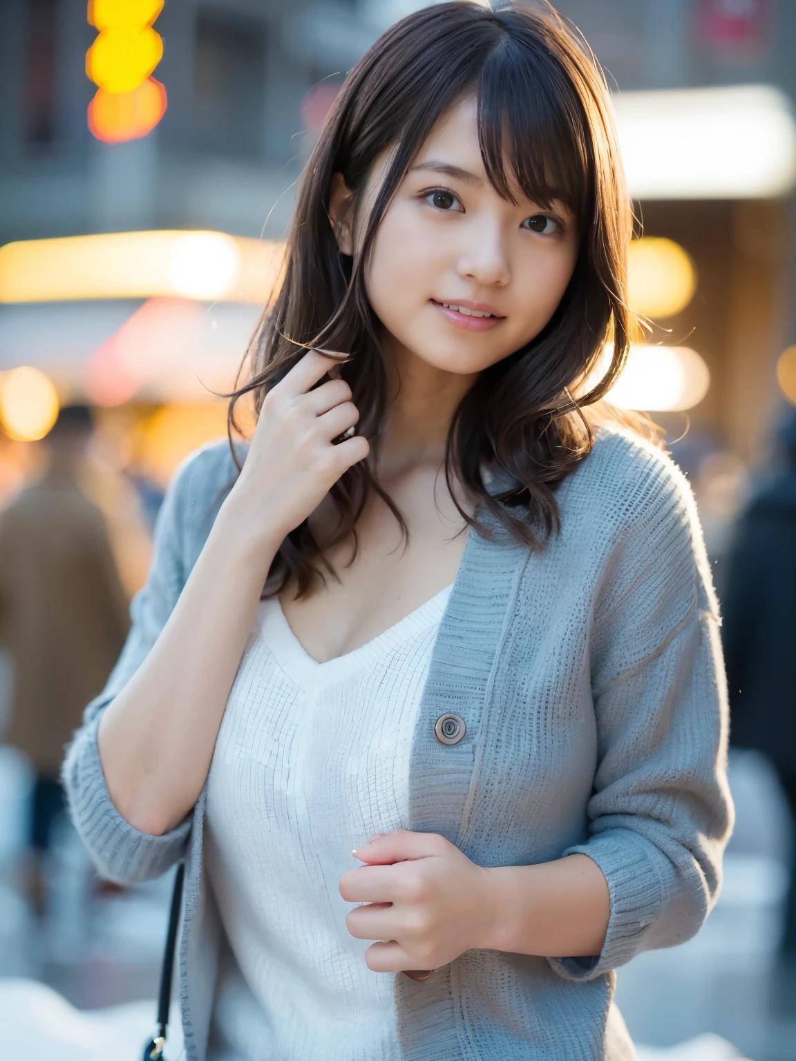 random pose, mix 4, (8K, RAW photo, highest quality, masterpiece: 1.2), (realistic, realistic: 1.37), a girl, cute, cityscape, night, rain, Wet, professional lighting, photon mapping, radio city, Physically based rendering, gradient brunette, gray hair, short curls, good looking, girl, White jersey, high quality photos, High resolution, 1080P, (clean face), (Detailed facial description), (detailed description of hands), (masterpiece), (Detailed CG), extreme light and shadow, messy hair, masterpiece, Rich details, (detailed facial features), (highest qualityの写真), (masterpiece), (fine eyes), looking in front of me, thin clavicle, medium breasts、With a smile、smile、winter coordination、in the snow、snow scene、楽しいWith a smile