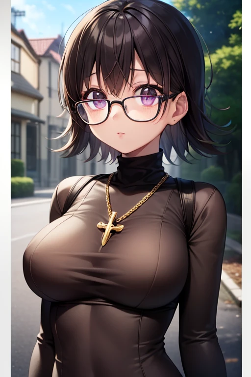 Shizuku Murasaki, 1girl, black hair, short hair, eyewear, large breast, ((tight black long sleeve , turtleneck, see-through)), upper body, looking at view, from below, (masterpiece, high resolution, best quality, anime screencap, anime colored, 8k, photorealistic), denim, inverted cross chain necklace