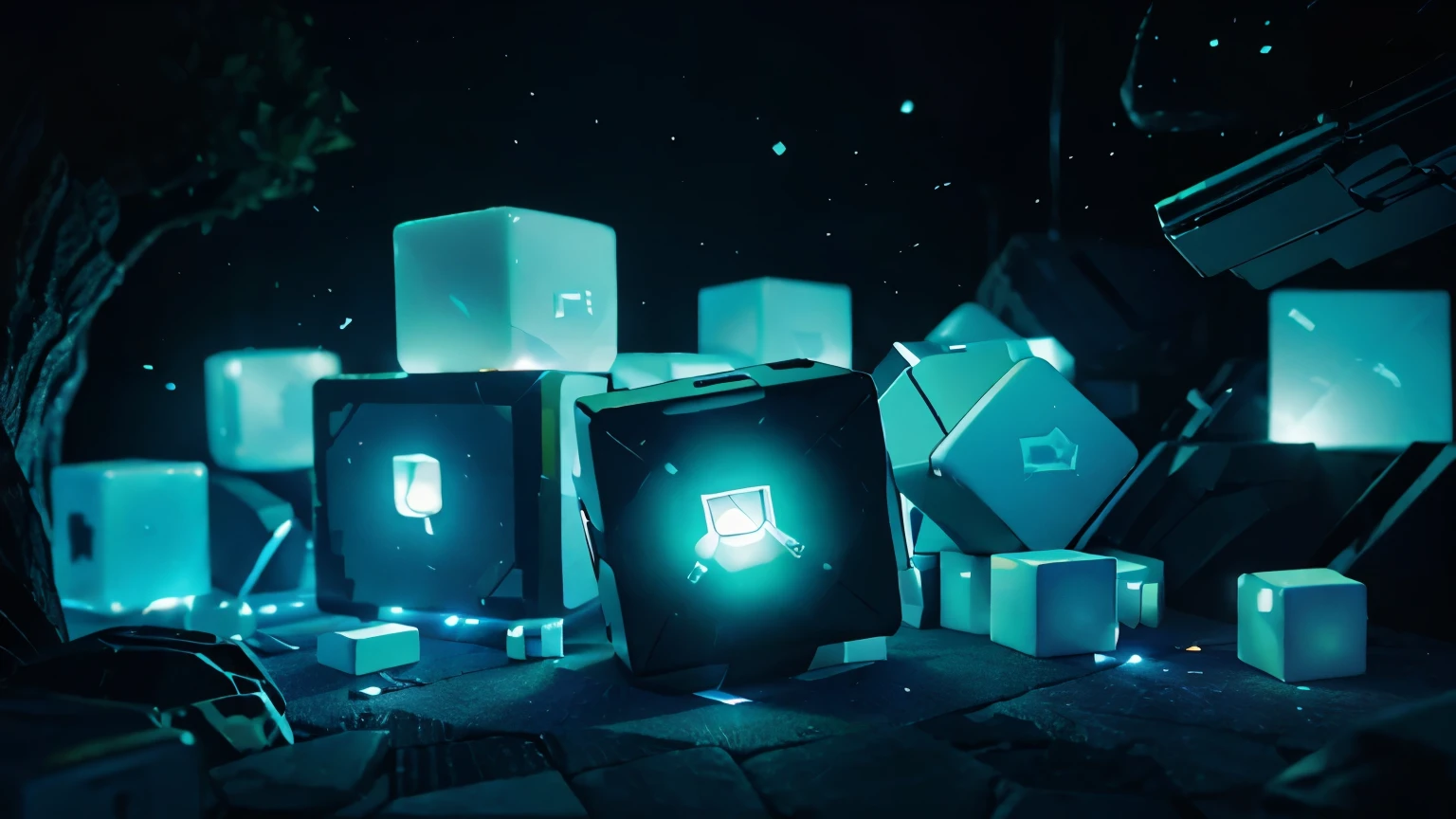 Cubes, smooth shape looking cubes, 1cube, cubes in one place, game look, miniature, trading stants with cubes, Cave backround, blurry backround, trading tents, game miniature, game poster, game banner, game desing, smooth cube. Trade hall, LUMEN ORG