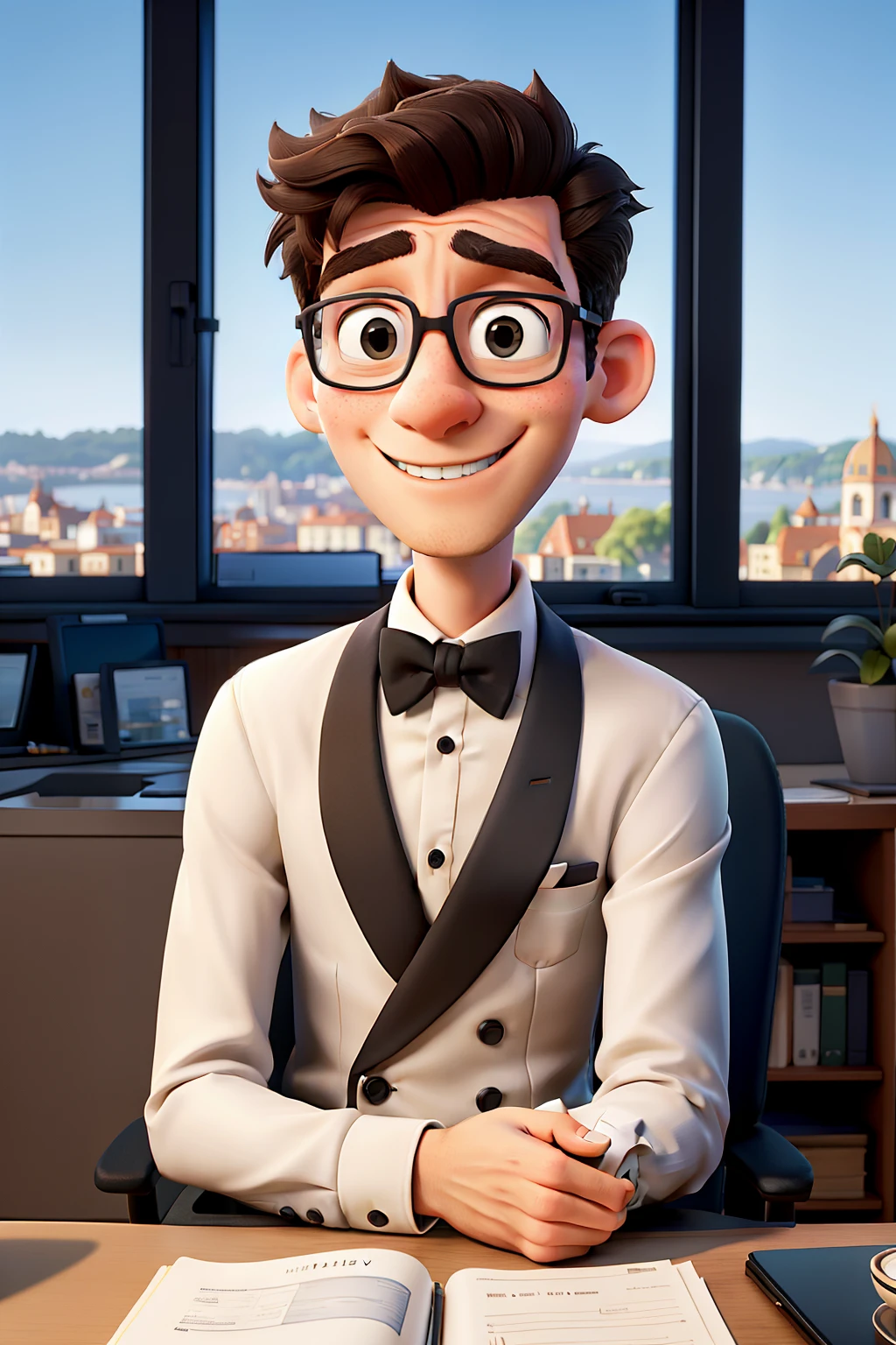 A young man in his thirties, smartly dressed in a tuxedo and wearings a crisp white shirt and a stylish gravata, is seated at a Pixar-style desk with large windows. The scenic view of the city outside is beautifully framed by the windows. The elegant setting exudes an aura of sophistication and success.