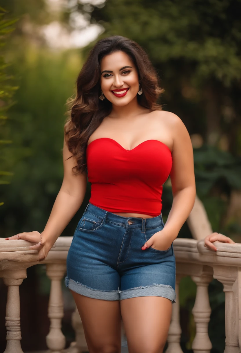 beautiful busty curvy wearing red strapless top and ripped short standing pose smiling face near terrace in portrait background