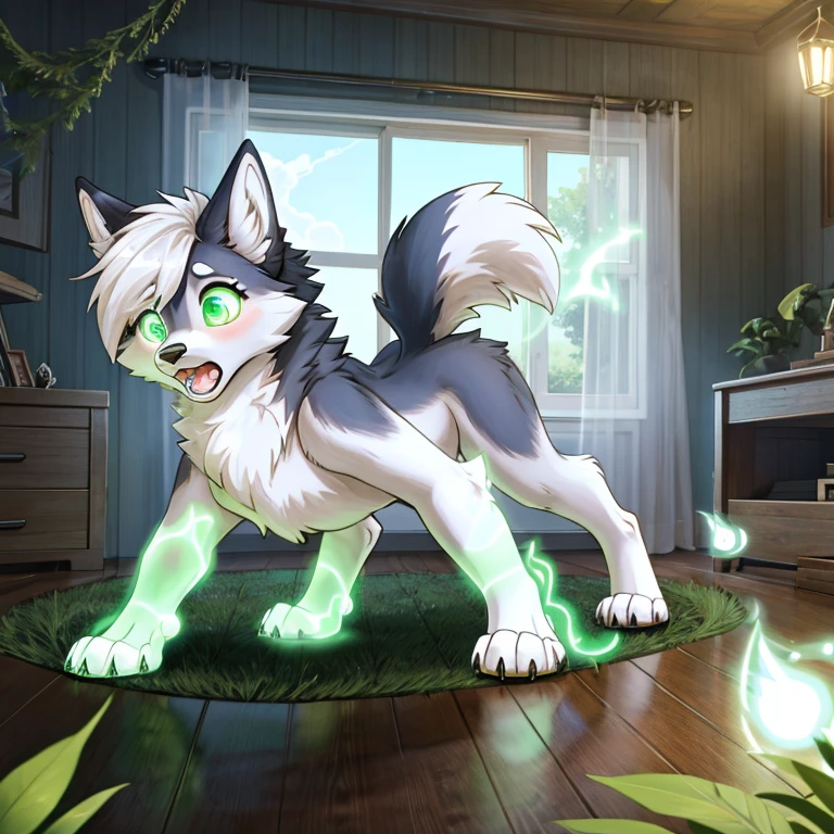 shocked and scared feral Female wolf with White fur and pik hairs and glowing Green eyes standing on all fours there are some traces of magic floating around her she is in a bedroom