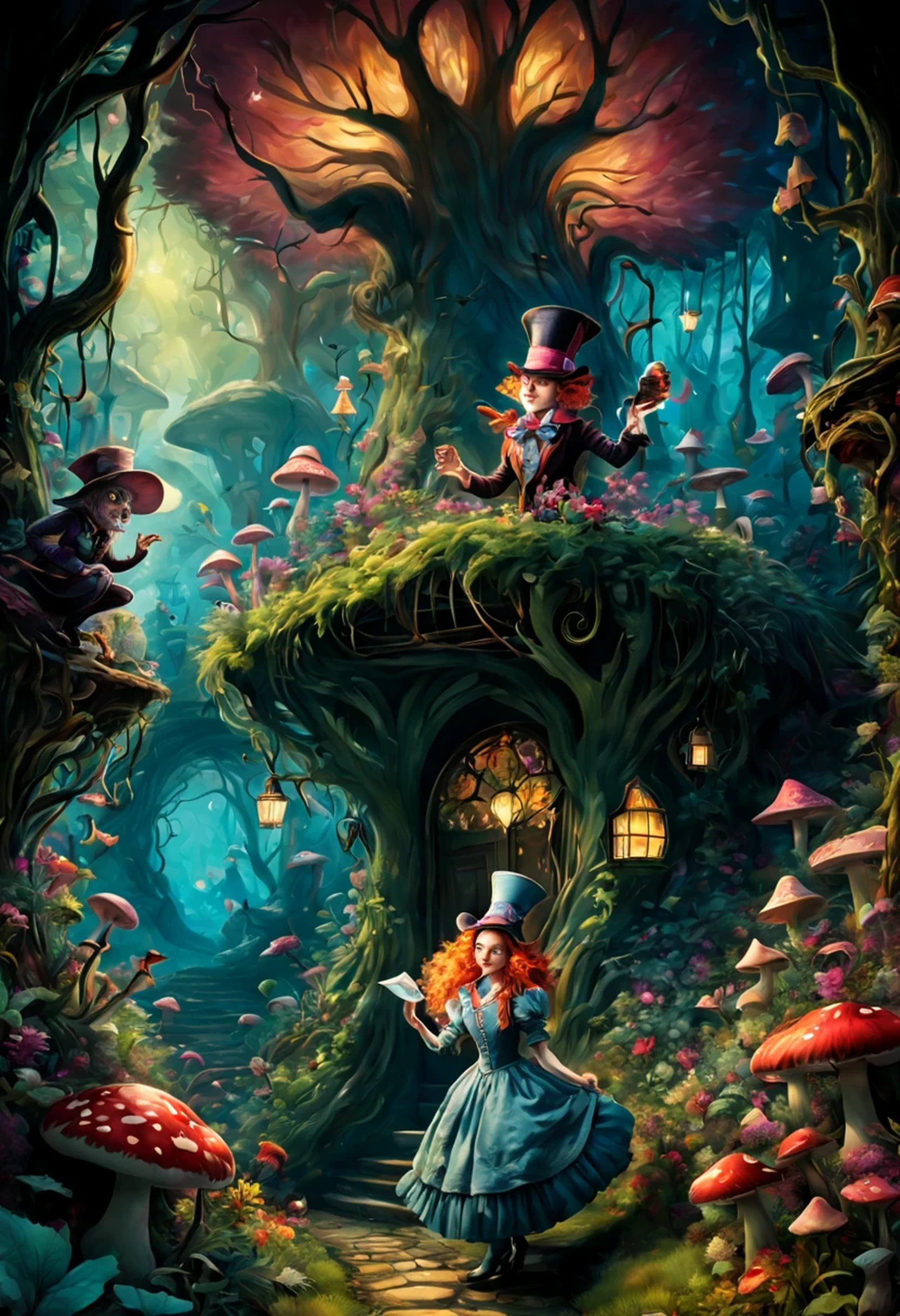 best quality,ultra-detailed,realistic:1.37,phenomenal lighting, Alice in Wonderland theme, colorful, impressionistic, ethereal, hazy garden scene, beautiful girl with curious eyes and rosy lips, sunken eyes reflecting wonder, long flowing hair, butterflies and flowers surrounding her, mysterious smoke rising from a hookah, enchanted forest, fantasy world, hallucinatory atmosphere, whimsical characters, talking animals and plants, winding pathway leading to unknown adventures, magical colors and surreal patterns, ((eccentric tea party with Mad Hatter and March Hare)),playing cards dancing in the background secret door leading to the Queen's castle, ((giant mushrooms and towering trees, ethereal glow of the Cheshire Cat's smile)), mischievous White Rabbit running late, curiouser and curiouser journey through Wonderland, imagination come to life, unforgettable and dreamlike experience.