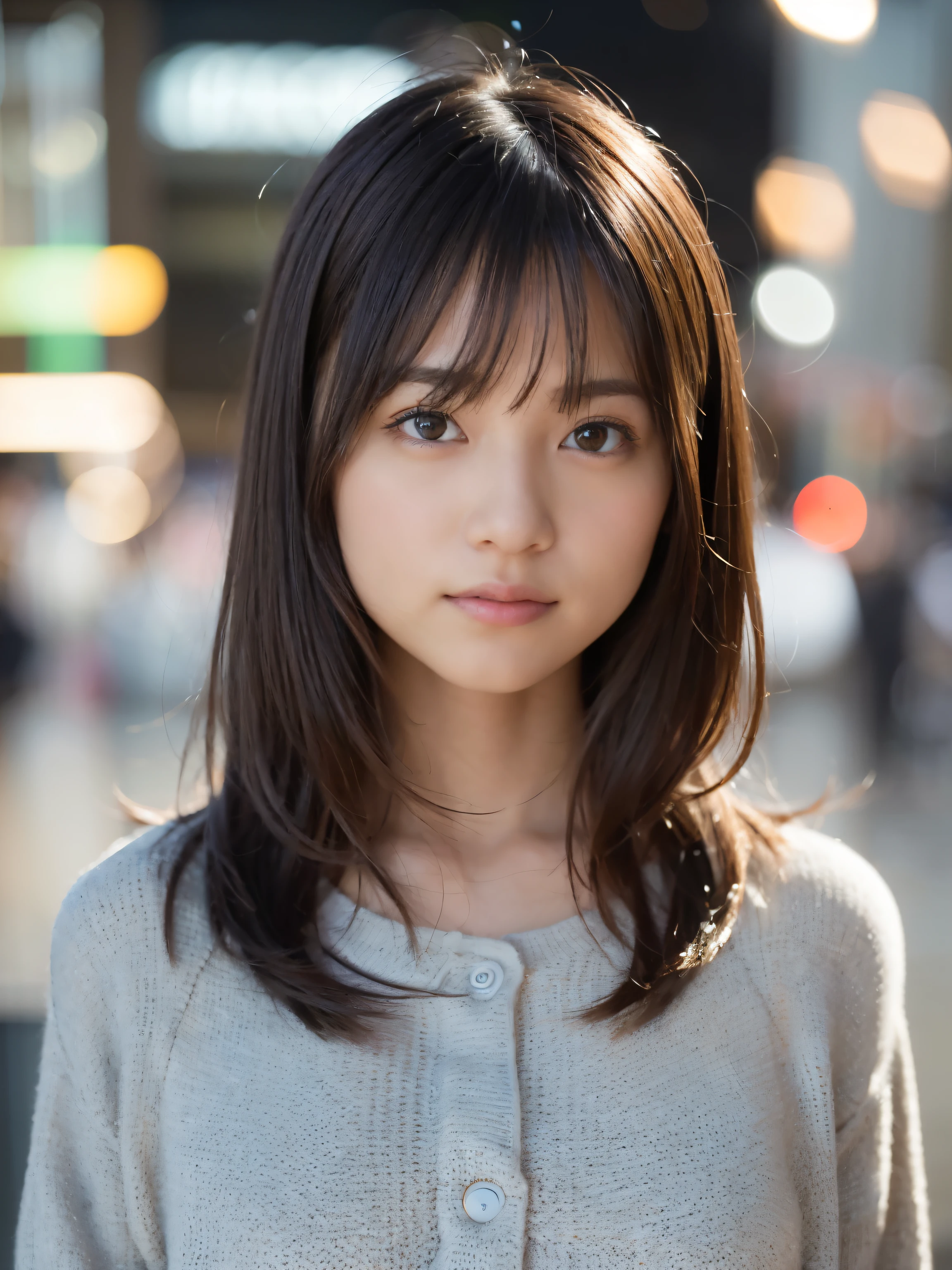 random pose, mix 4, (8K, RAW photo, highest quality, masterpiece: 1.2), (realistic, realistic: 1.37), a girl, cute, cityscape, night, rain, Wet, professional lighting, photon mapping, radio city, Physically based rendering, gradient brunette, gray hair, short curls, good looking, girl, White jersey, high quality photos, High resolution, 1080P, (pretty face), (Detailed facial description), (Detailed explanation of hands), (masterpiece), (Detailed CG), extreme light and shadow, messy hair, masterpiece, Rich details, (detailed facial features), (highest qualityの写真), (masterpiece), (fine eyes), looking in front of me, thin clavicle, medium breasts、With a smile、smile、Winter coordination、in the snow