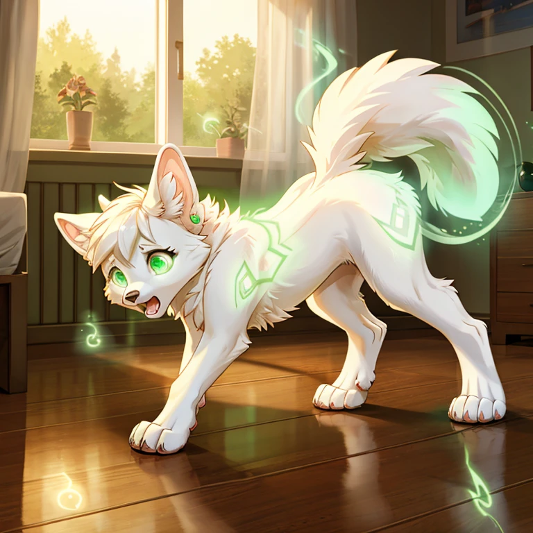 shocked and scared feral Female wolf with White fur and pik hairs and glowing Green eyes standing on all fours there are some traces of magic floating around her she is in a bedroom