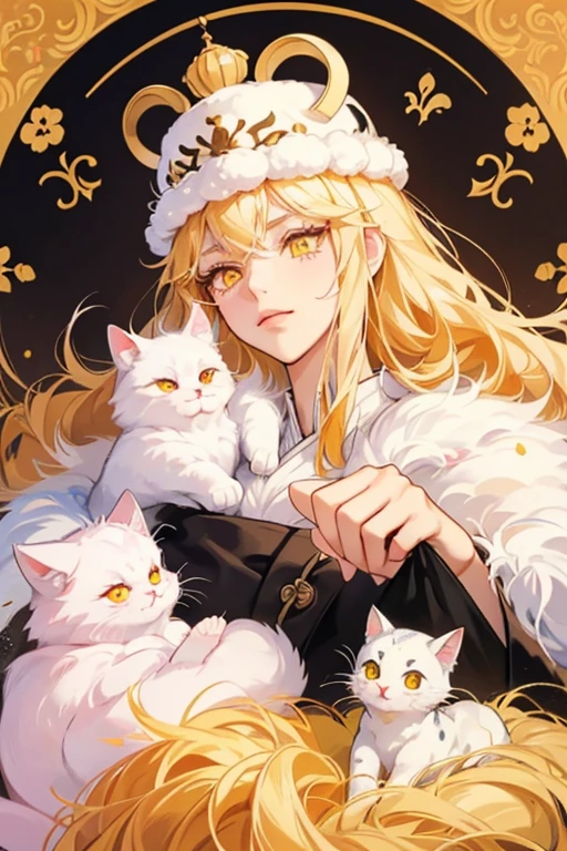 Unlike the other cats, she has manners. She has pink and white fur, and long eyelashes.Brutus- He has white fur with black spots and small yellow eyes. He also wears a rice hat. Napoleon- He has cream-colored and has droopy yellow eyes. Socrates- He has orange-colored fur with swirls above his yellow eyes.