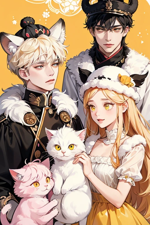 Unlike the other cats, she has manners. She has pink and white fur, and long eyelashes.Brutus- He has white fur with black spots and small yellow eyes. He also wears a rice hat. Napoleon- He has cream-colored and has droopy yellow eyes. Socrates- He has orange-colored fur with swirls above his yellow eyes.