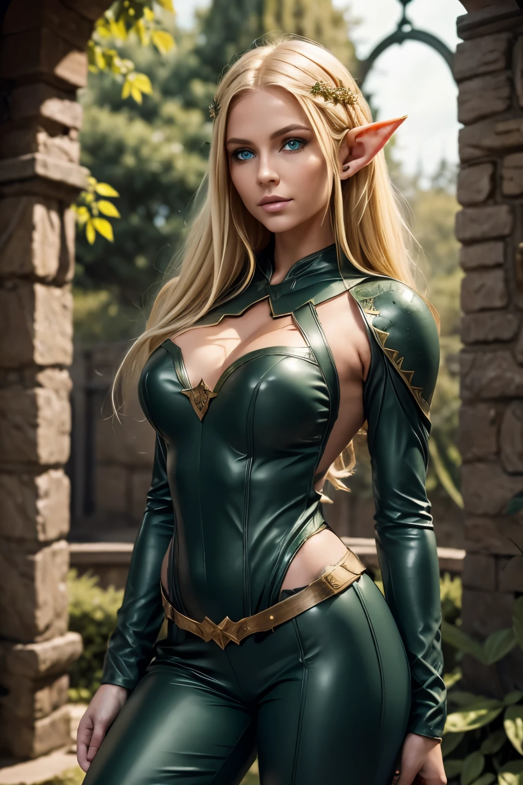 medieval setting, full view of body, (detailed elf ear, 1 woman, elven featured face, beautiful green eyes, blonde hair), leather armor, black leather pants, leather hood, leather cape,