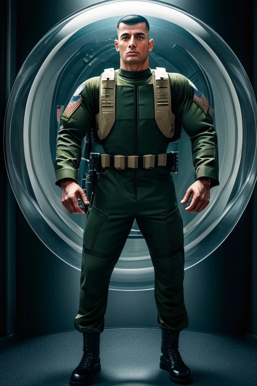 Military laboratory, ((restrained inside a glass cylinder)), muscular MalikDelgaty is a Universal Soldier, stoic expression, camouflage (Universal Soldier uniform:1.4), hands at his side, (drone soldier), looking at viewer, (((full body portrait))), wide angle