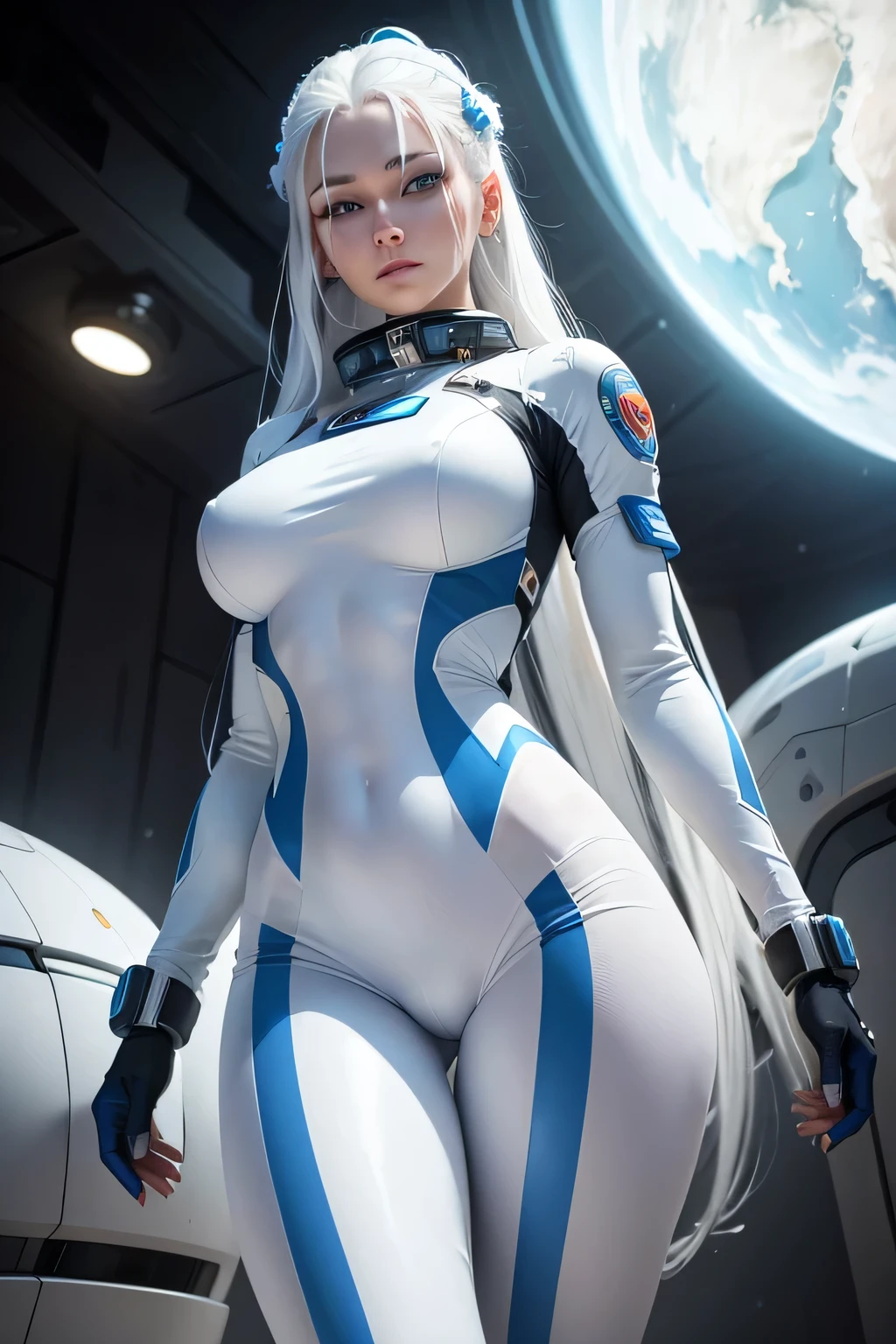 Victoria, the stunning 22-year-old with white hair and piercing blue eyes, se mantuvo erguida con su ajustado disfraz de astronauta, su cuerpo una obra de arte en un entorno futurista.