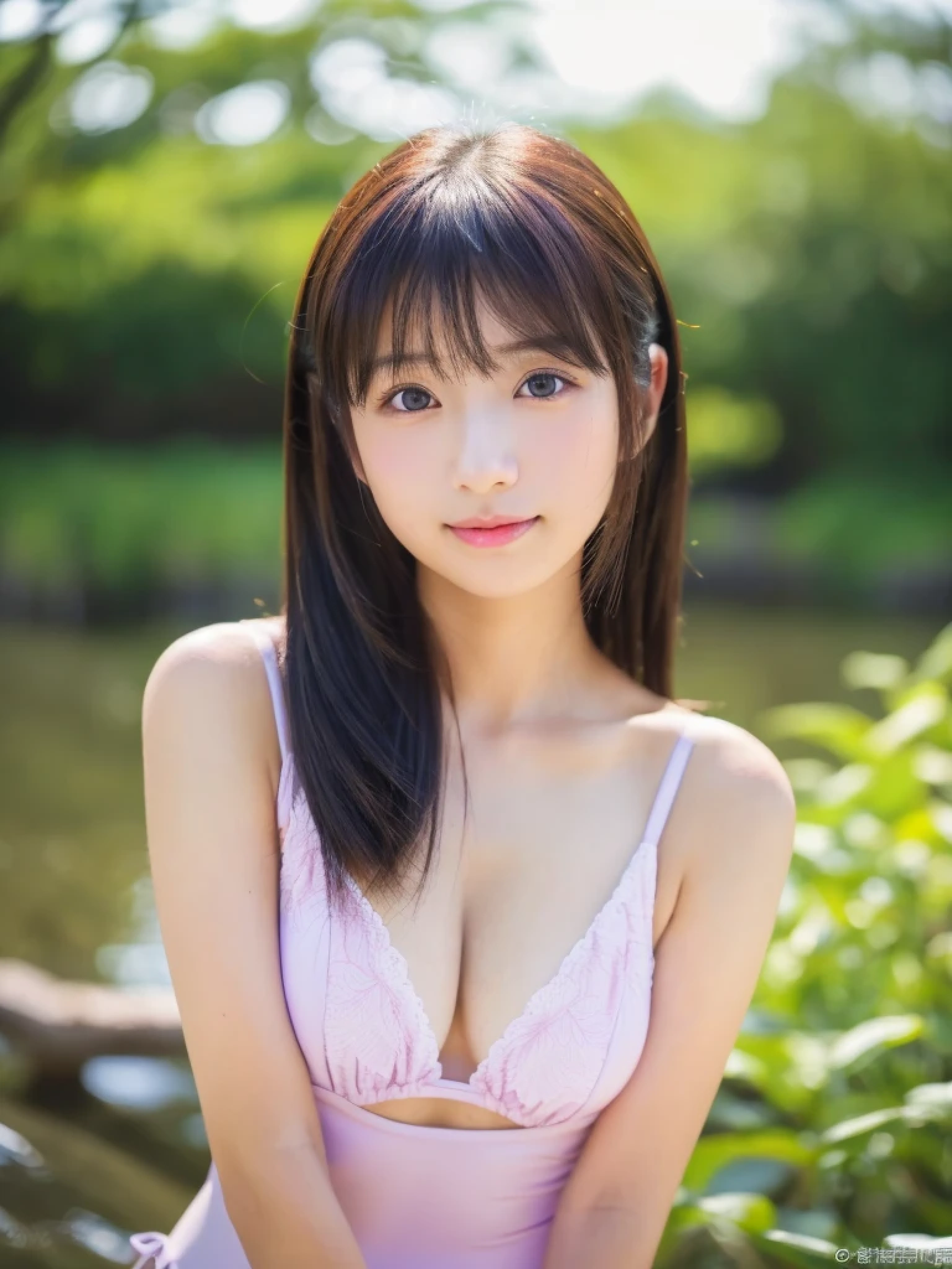 ((cute日本の女の子、beautiful japanese girl、1 girl、clear、19 years old、ponytail、bright purple swimsuit、Bright purple underwear、F cup、big breasts、Beautiful and well-shaped breasts、Highly detailed face and skin texture、refinement、super detailed face、highly detailed eyes、Lee Hong、blush、cheek、ピンクのcheekを塗ったcheek、close-up of woman、 from the neck up、 Close to the camera、 positive face、Forward-facing body、look at the camera、front、cute、smooth white skin、Transparent skin texture、))、(dark brown hair、bangs)、beautiful woman with perfect style：1.4、japanese model、young gravure idol、若いcuteグラビアアイドル、Realistic young gravure idol、refinementされたグラビアアイドル、((highest quality、8K、masterpiece:1.3、１photograph))、(4K、RAWphotograph、highest quality)、(realistic、フォトrealistic:1.37)、Place someone on the other side of the screen、Natural light、