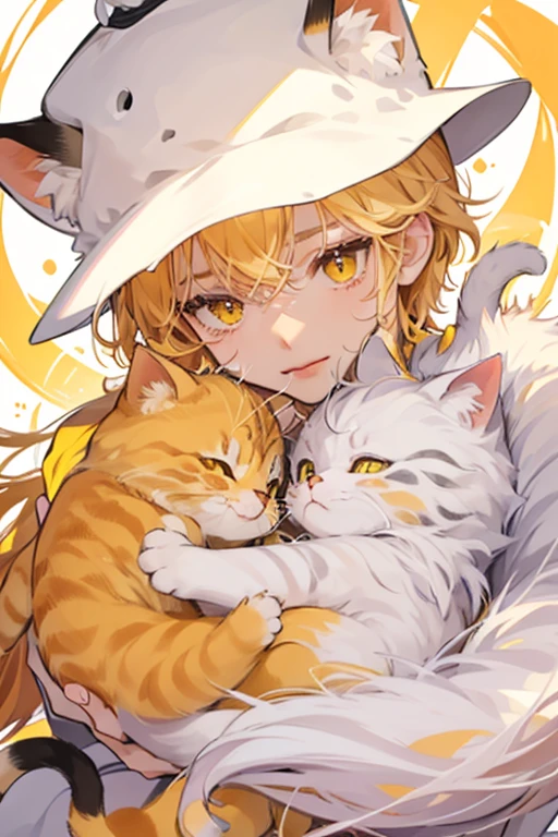 DRAW 4 CATS. CAT 1 has pink and white fur, and long eyelashes. CAT 2 He has white fur with black spots and small yellow eyes. He also wears a rice hat. CAT 3 He has cream-colored and has droopy yellow eyes. CAT 4 He has orange-colored fur with swirls above his yellow eyes.