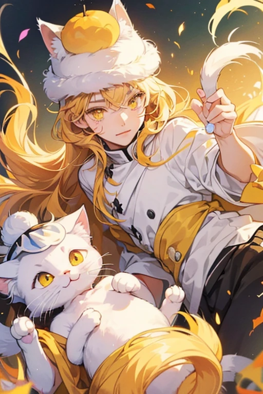 DRAW 4 CATS. CAT 1 has pink and white fur, and long eyelashes. CAT 2 He has white fur with black spots and small yellow eyes. He also wears a rice hat. CAT 3 He has cream-colored and has droopy yellow eyes. CAT 4 He has orange-colored fur with swirls above his yellow eyes.