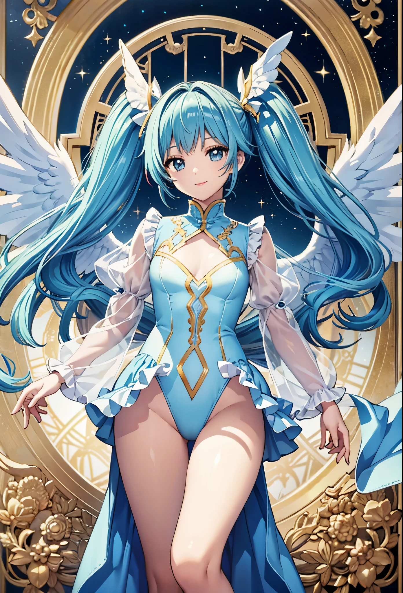 Big big wings of colorful glowing angel、pretty girl、adorable smile、light blue long hair、twin tails、white and yellow sexy angel see-through leotard、((highest quality))、((masterpiece))、(very detailed、most detailed、official art、beautiful beautiful:1.2)