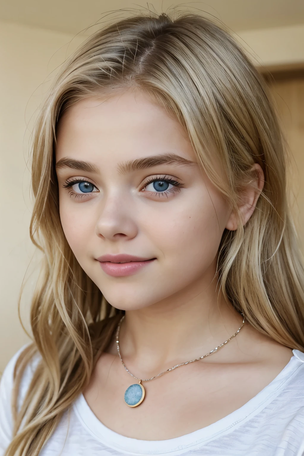 Cute girl, around 12 years old, blonde hair with sun-kissed highlights, resembling Chloë Grace Moretz yet younger in appearance, wearing casual clothes such as a white t-shirt, blue denim shorts, and bright sneakers. Her facial features are youthful but striking, with a tiny button nose, rosy cheeks, and a contagious smile. She wears minimal makeup, just a hint of pink lip gloss, and her hair is styled messily yet adorably, framing her face. Her blue eyes sparkle with curiosity, and she plays with a daisy chain around her neck, looking directly into the camera, invitingly. The image is captured