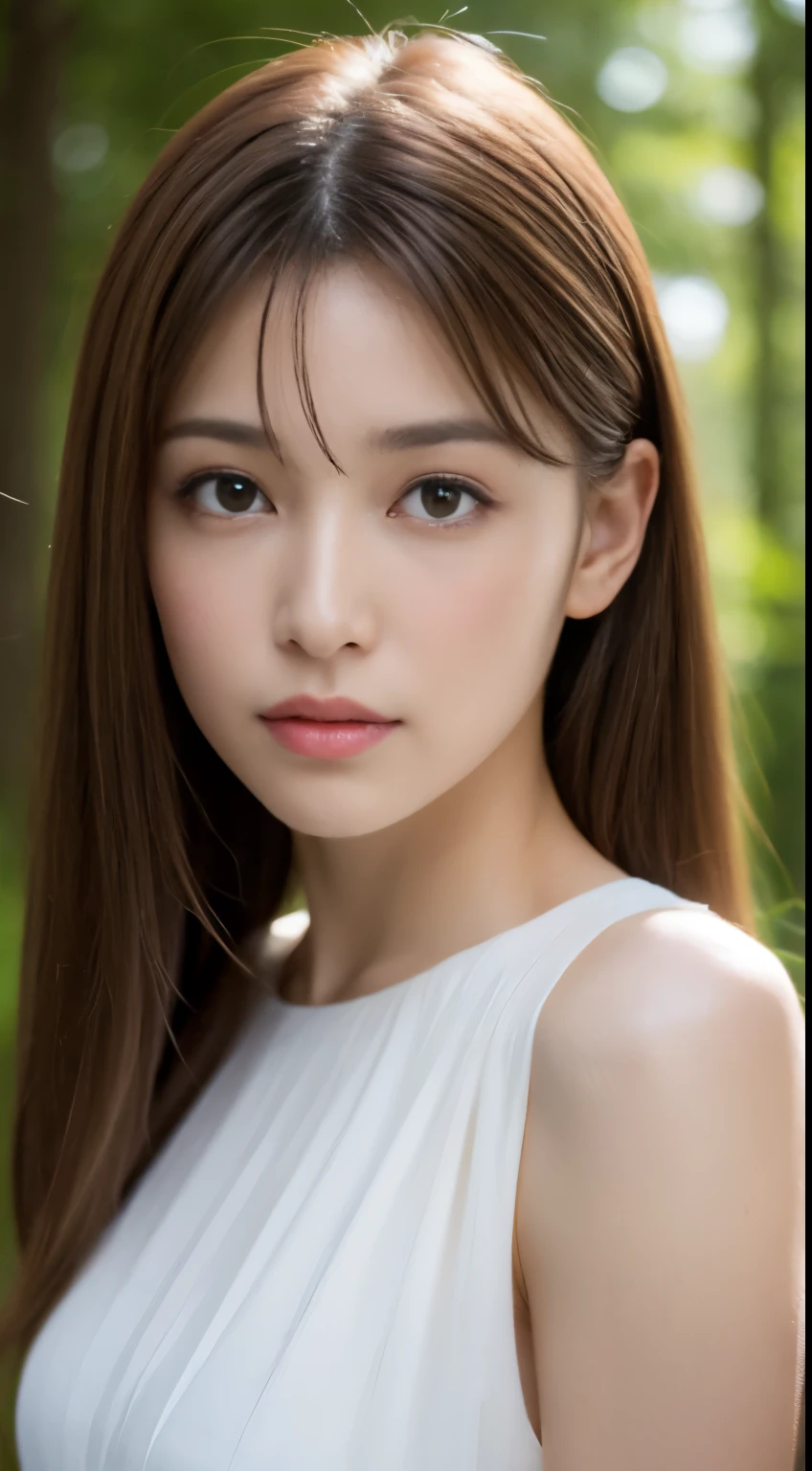 1 female, close up of face, Medium chest, light brown hair, dull bangs, hair behind the ear, shoulder hair, long hair, slender body shape, Extra-fine face, thin face, delicate lips, beautiful eyes, light blush, eyes are light brown, perfect shiny skin, perfect skin, Shining sweat,See here, ultra thin hands, super thin fingers, Optimal ratio of 4 fingers and 1 thumb, (realistic:1.3), Finger extension, see-through white blouse. coniferous forest, one person&#39;perspective, movie, f/1.2, 8K, table top, nffsw, Super detailed, high quality, 最high quality, High resolution,abs,6 pack,