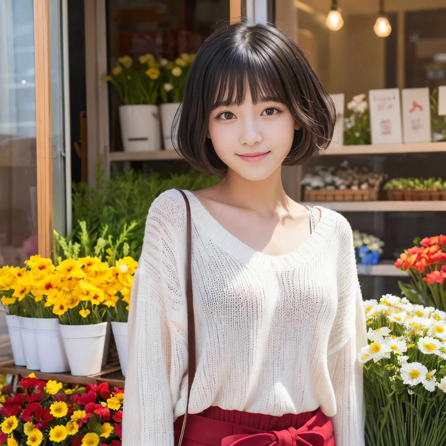 Best-quality, Masterpiece, Ultra-High-Resolution, (Photorealistic:1.4), Raw-Photo, ((photo colored in bright primary colors)), 1girl, 18-years-old, the most famous Japanese idol, at flower-shop, wearing white-loose-sweater, extremely cute face like a most popular Japanese idol, (extremely beautiful big-black-eyes), extremely beautiful black-short-cut-haired, detailed flower-shop, detailed lots-of-flowers, detailed white-loose-sweater, looking at viewer, innocent smile
