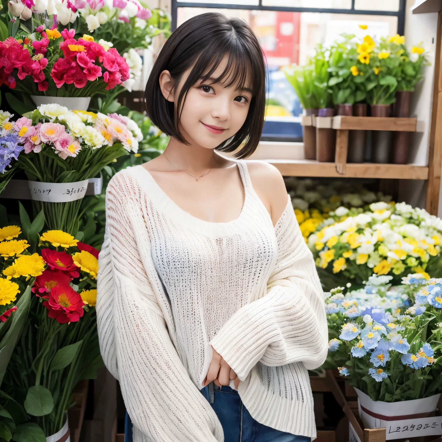 Best-quality, Masterpiece, Ultra-High-Resolution, (Photorealistic:1.4), Raw-Photo, ((photo colored in bright primary colors)), 1girl, 18-years-old, the most famous Japanese idol, at flower-shop, wearing white-loose-sweater, extremely cute face like a most popular Japanese idol, (extremely beautiful big-black-eyes), extremely beautiful black-short-cut-haired, detailed flower-shop, detailed lots-of-flowers, detailed white-loose-sweater, looking at viewer, innocent smile