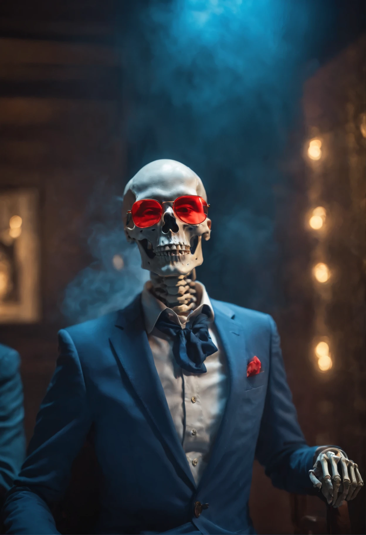 A skeleton , wearing blue sunglasses, un new gold, blue and red neon lights, smoking a cigarette, smoke around , wearing a suit