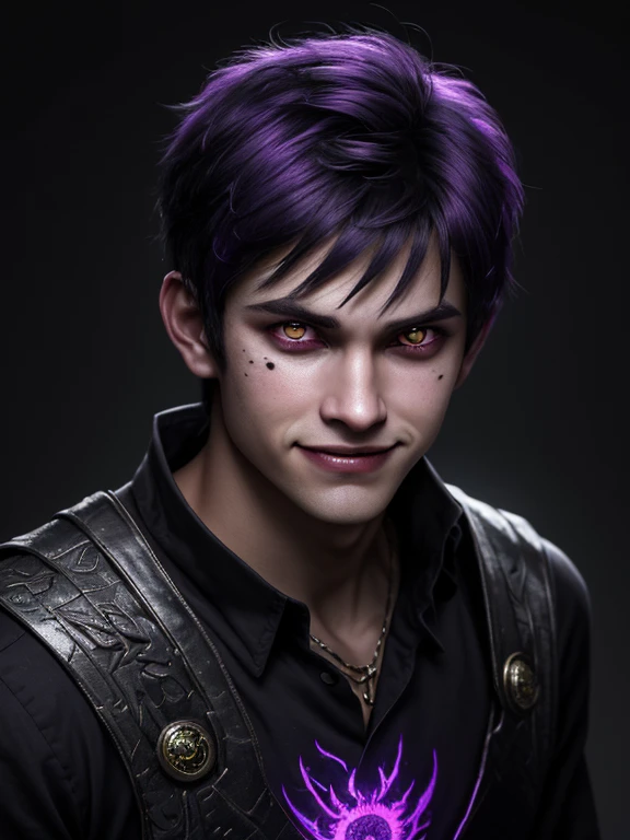Guy 30 years old, from above 1:4, looking into the camera, tanned skin, Black short hair, fragments of stones in the background, demonic fangs, Eyes glow purple, closed clothing, Demon Wings, Without bristles, crew cut hairstyle and long bangs on the right side, a strand of hair falls on your face, purple stains on cheeks, sharp fangs, grin grin, horror, dark, Glows