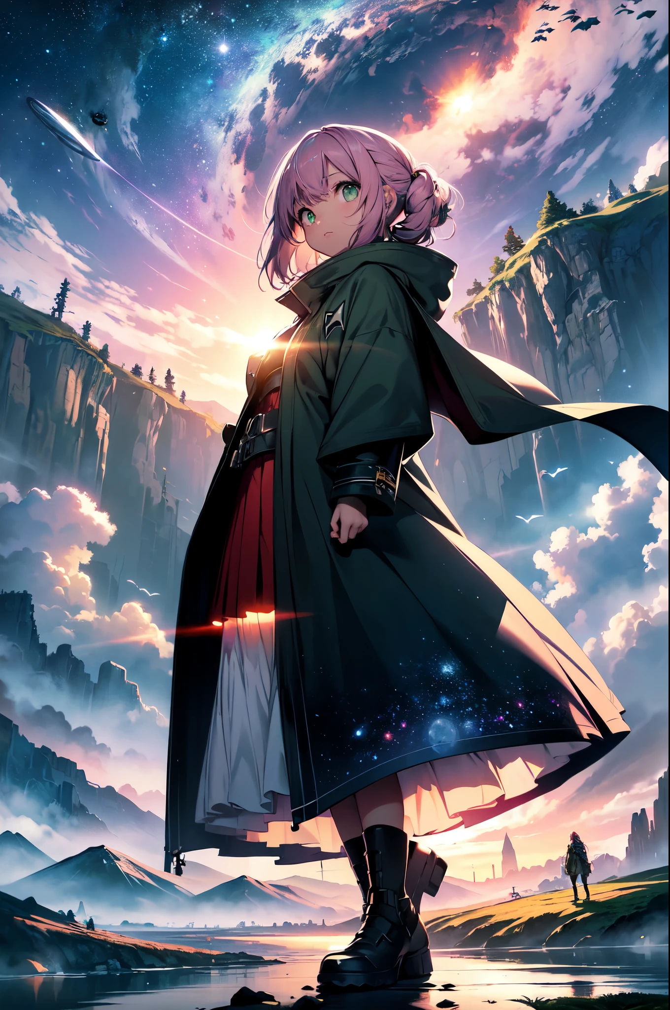 Amazing colors, highly detailed, The perfect world, reflective surfaces, Underground scattering, Twilight Zone, In 8K, wide angles、Sci-Fi world、cosmos、Planets、a moon、Star Trek, ((a view from below that shows sky above and open field below)), (girl flying between planets), beautiful body, outstretched green eyes, pink hair, hero cloak, hero clothing ((a view work of art, masterpiece, maximum quality, expansive landscape photography, a view behind the girl))
