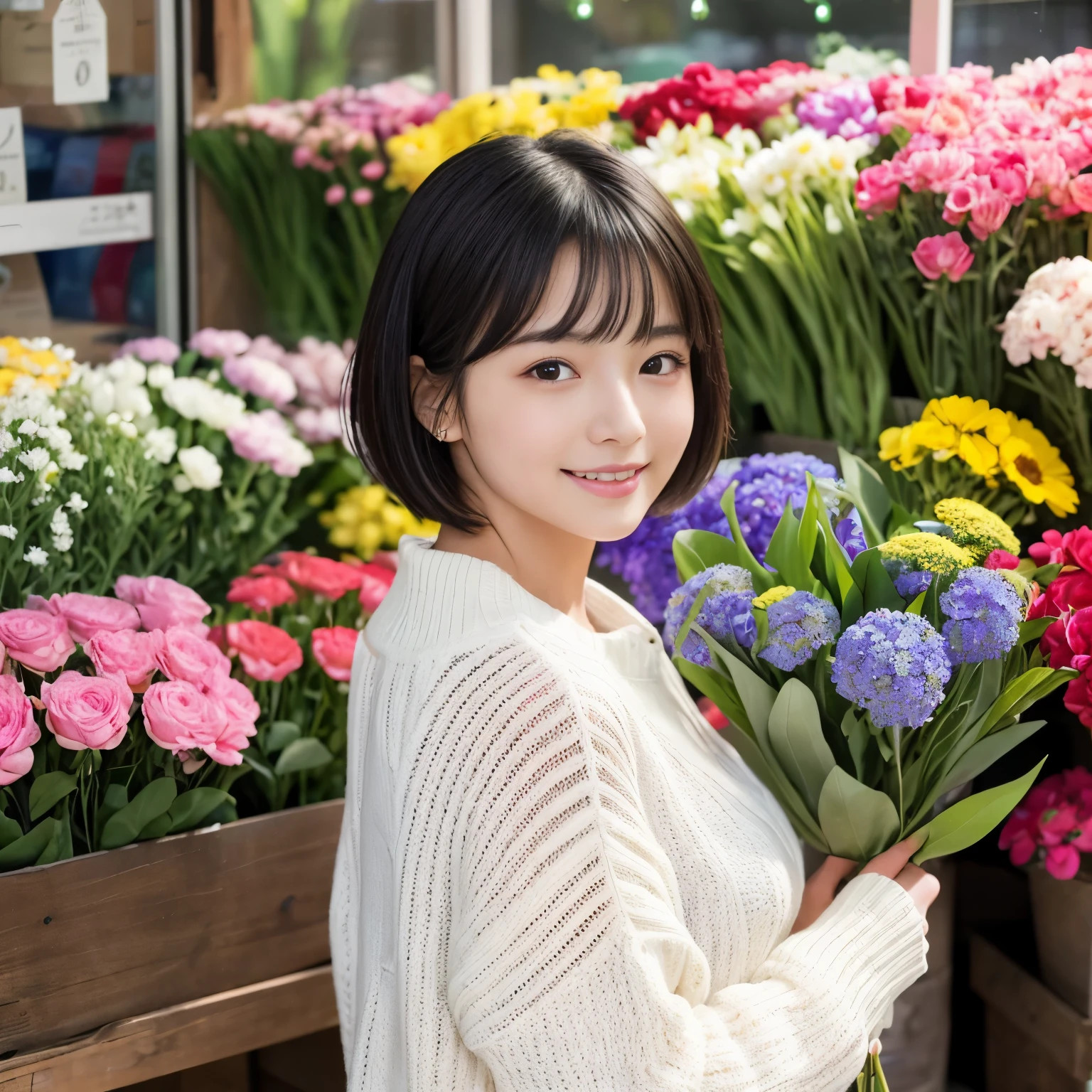 Best-quality, Masterpiece, Ultra-High-Resolution, (Photorealistic:1.4), Raw-Photo, ((photo colored in bright primary colors)), 1girl, 18-years-old, the most famous Japanese idol, at flower-shop, wearing white-loose-sweater, extremely cute face like a most popular Japanese idol, (extremely beautiful big-black-eyes), extremely beautiful black-short-cut-haired, detailed flower-shop, detailed lots-of-flowers, detailed white-loose-sweater, looking at viewer, innocent smile