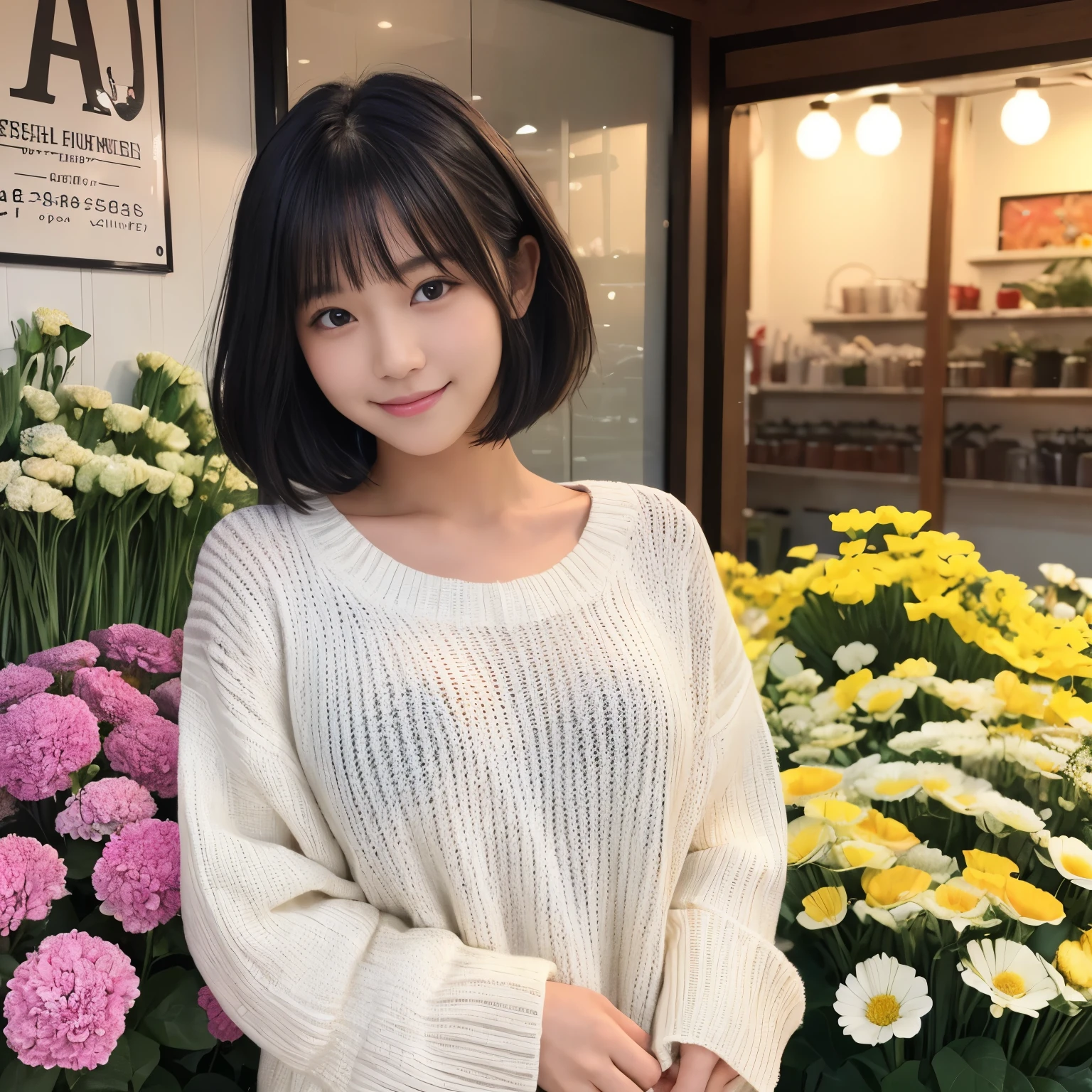 Best-quality, Masterpiece, Ultra-High-Resolution, (Photorealistic:1.4), Raw-Photo, ((photo colored in bright primary colors)), 1girl, 18-years-old, the most famous Japanese idol, at flower-shop, wearing white-loose-sweater, extremely cute face like a most popular Japanese idol, (((extremely beautiful big-black-eyes))), extremely beautiful black-short-cut-haired, detailed flower-shop, detailed lots-of-flowers, detailed white-loose-sweater, looking at viewer, innocent smile