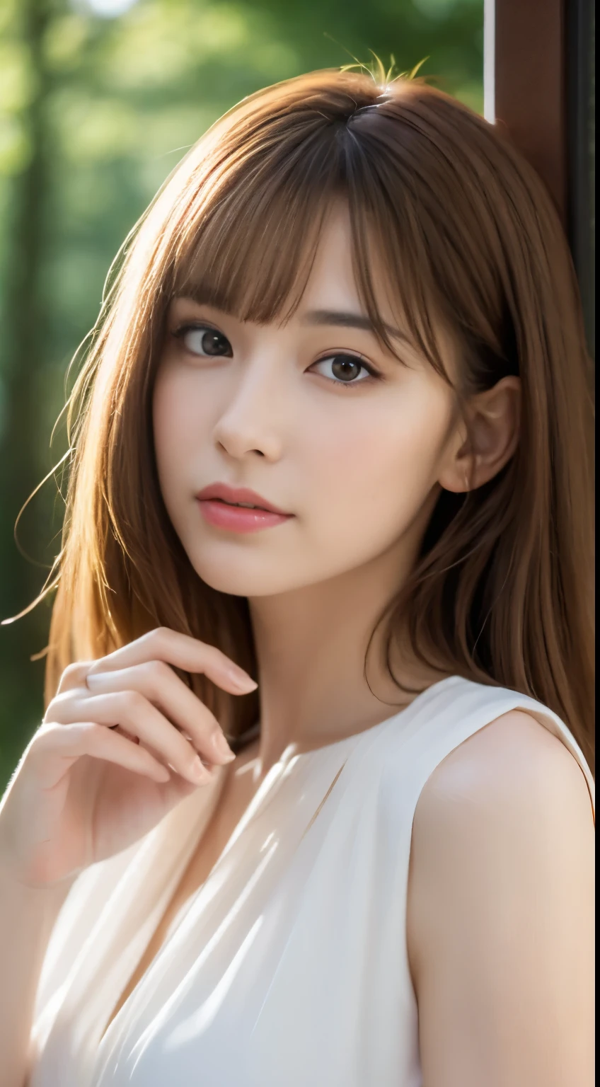 1 female, close up of face, Medium chest, light brown hair, dull bangs, hair behind the ear, shoulder hair, long hair, slender body shape, Extra-fine face, thin face, delicate lips, beautiful eyes, light blush, eyes are light brown, perfect shiny skin, perfect skin, Shining sweat,See here, ultra thin hands, super thin fingers, Optimal ratio of 4 fingers and 1 thumb, (realistic:1.3), Finger extension, see-through white blouse. coniferous forest, one person'perspective, movie, f/1.2, 8K, table top, nffsw, Super detailed, high quality, 最high quality, High resolution,abs,6 pack,