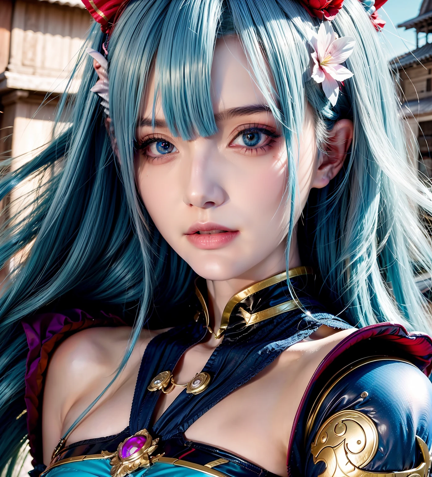 Close-up of C cup woman with blue hair and colorful hair, 8K high quality detailed art, fantasy art style, detailed digital anime art, zodiac girl portrait knight, 4K high-definition digital art, colorfull digital fantasy art, rossdraws cartoon vibrant, anime style 4k, digital fantasy art ), lost run 8k, vibrant loss draw pastel