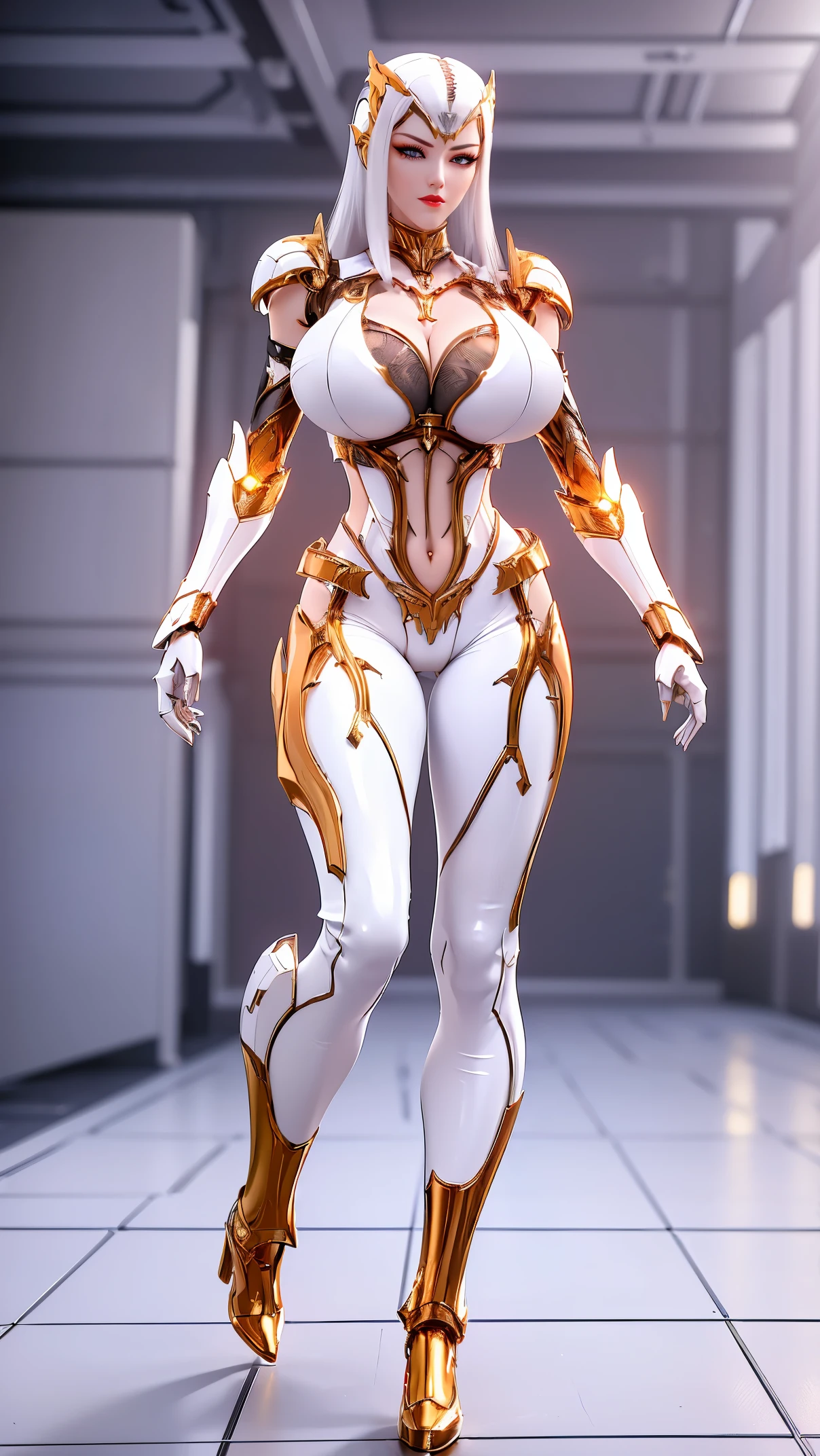 A beauty girl with white hair, (REALISTIC:1.2), (PHOENIX GOLD HELM:1.1), (SLIM BODY SHAPE,HUGE FAKE BREAST:1.5), (CLEAVAGE:1.5), (MUSCLE ABS:1.3), (MECHA GUARD ARMS:1.1), (RED SHINY FUTURISTIC MECHA BREASTPLATE, BLACK MECHA SKINTIGHT SUIT PANTS, MECHA GUARD ARMOR LEGS, HIGH HEELS:1.5), (WET SWEATY SKIN,SEXY LONG LEGS:1.1), (LOOKING AT VIEWER:1.3), (female focus:0.9), (WALKING HALLWAY OF FUTURISTIC SPACE STATION:1), (BRIGHT LIGHT WHITE_ROOM:1.3), HYPER TEXTURE, 4X MSAA, UNREAL ENGINE RENDER, PHYSICALLY-BASED RENDERING, ULTRA HIGHT DEFINITION, 16K, 1080P.