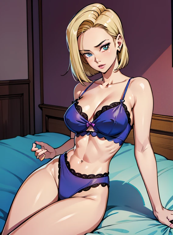 Una hermosa mujer madura,medidas corporales 88 61 87,android 18, chica mala, Pelo rubio, Mirando al espectador, sexy, dynamic position, Intimate Wear, excelente calidad, Full HD, a high definition, figura perfecta, postura elegante, cama retro hermosa, dormitorio retro exquisito, piel clara