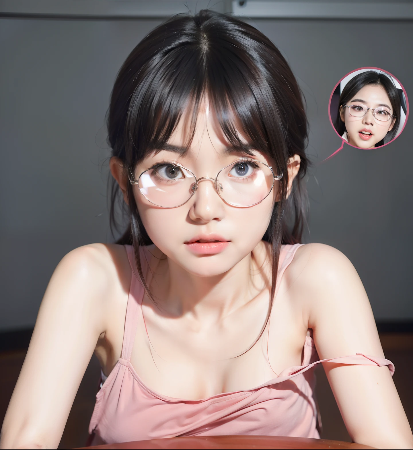 Hyper realistic,  1girl, asian face, cute, Hyper realistic hair,    
Hyper realistic  Tank top , Hyper realistic  realistic skin, Hyper realistic  eyes,  realistic transparant glasses, detailed face,  open mouth, shy, blush on, high quality,  masterpiece, 8K, HD