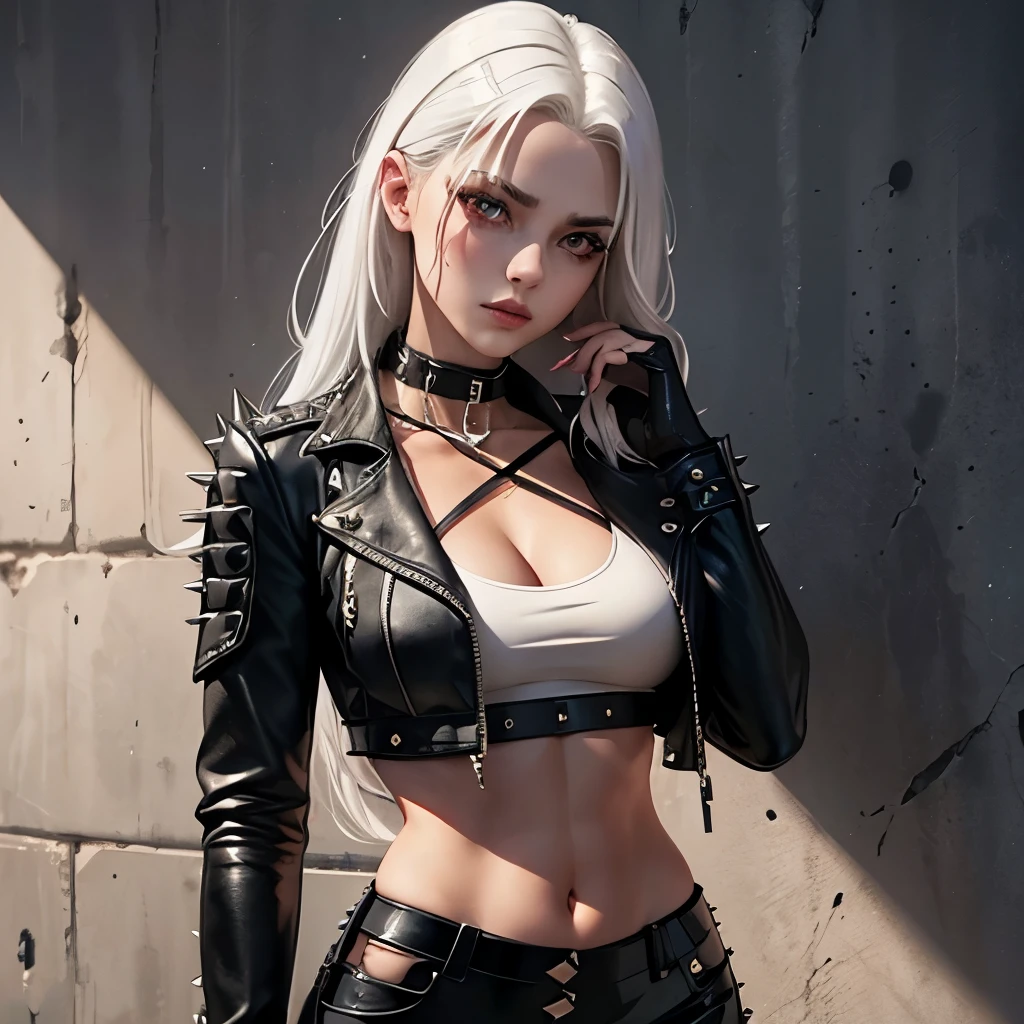 beautiful girl, military, white hair, bloody eyes, choker, cropped top, muscular abdomen, navel, black leather pants, spiked long gloves, wall,