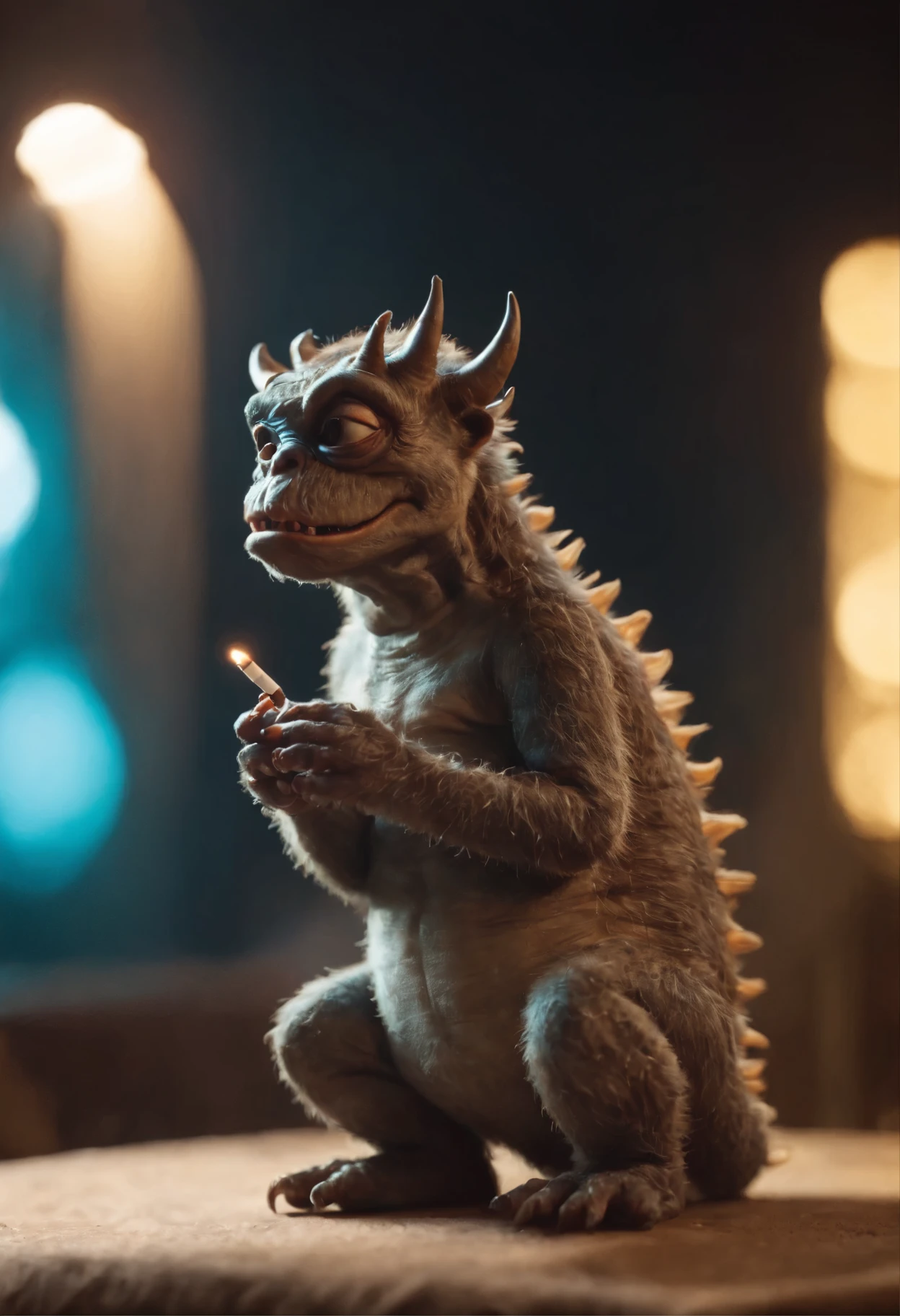 A tiny monster, smoking a cigarette, looks cute, neon lights, 