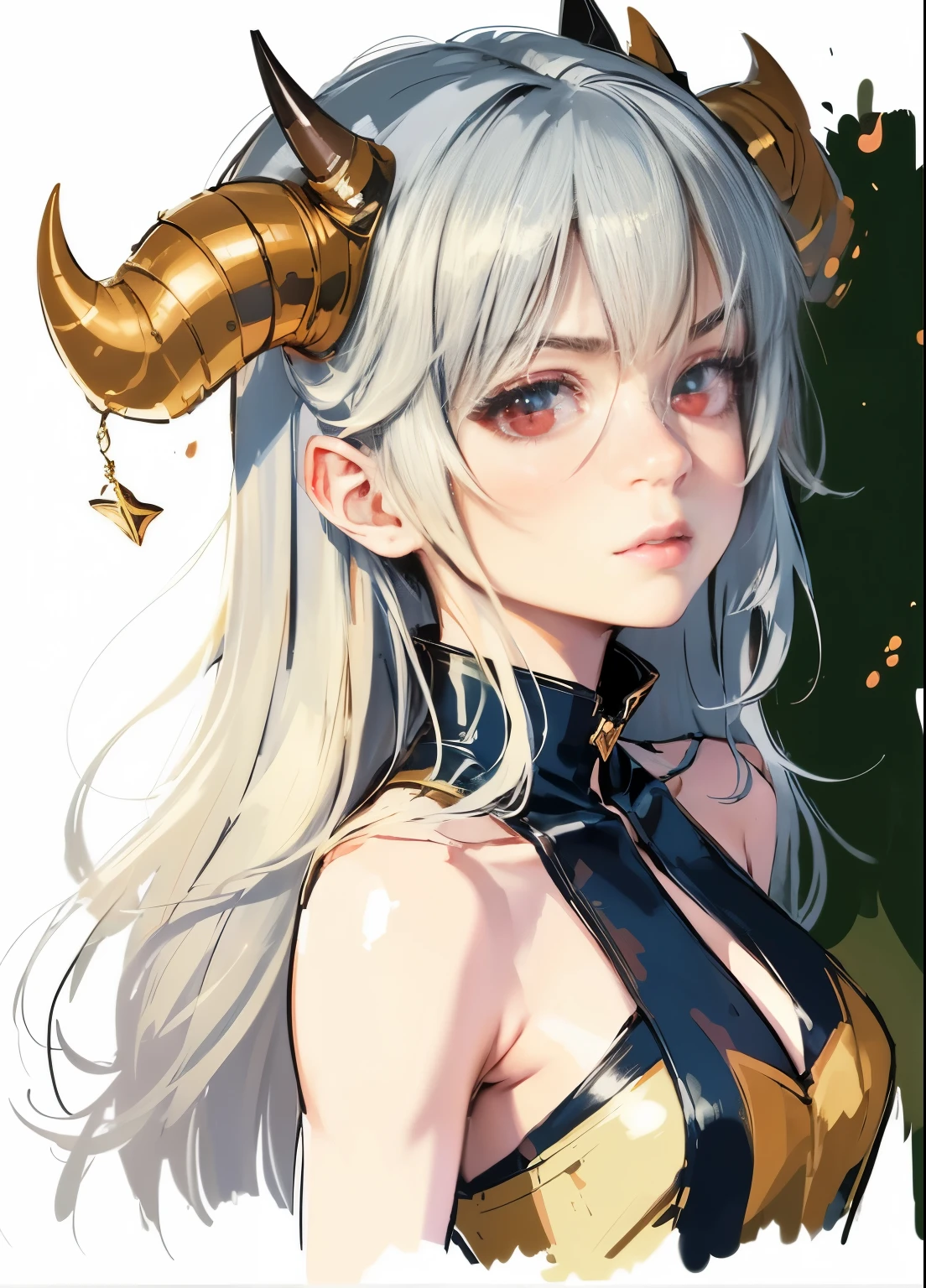 (best quality, ultra-detailed)1girl, with white hair, a beautiful and detailed face, and captivating, expressive eyes. She is looking directly at the viewer, with her vibrant, mesmerizing red eyes. Her pale skin contrasts delicately with her lustrous white hair. On top of her head, a pair of oni horns adds an intriguing touch to her appearance. The girl stands against a backdrop of darkness, creating a mysterious and alluring atmosphere. The ambient lighting amplifies the depth and intensity of her glowing eyes, casting a gentle glow on her surroundings.