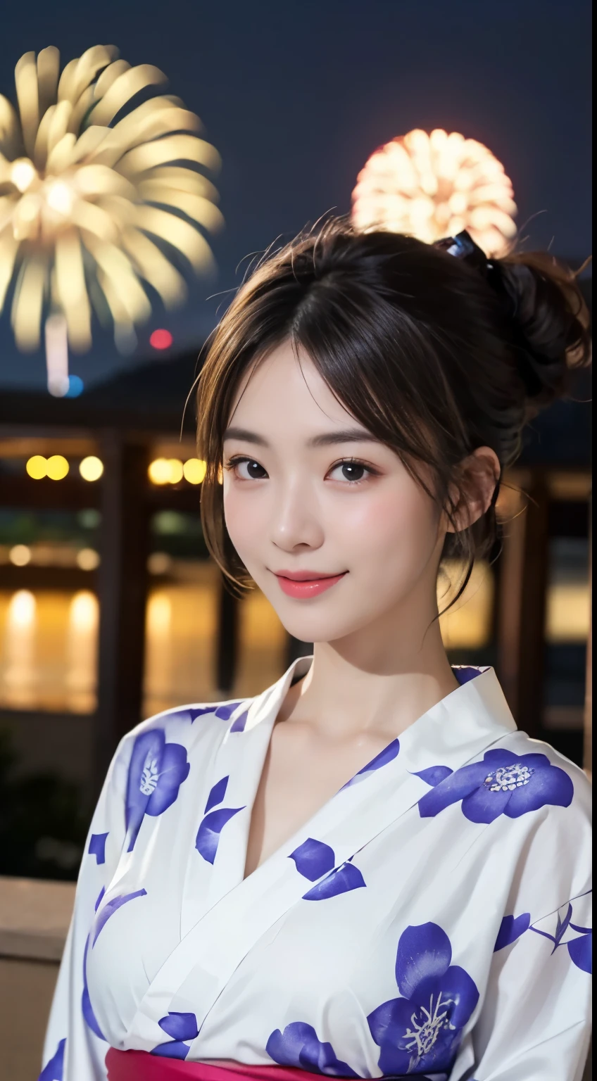 (8K、immaturegraphy、highest quality、masterpiece:1.45)、(realistic、Photoreal:1.35)、(((Fireworks Venue、night)))、one girl、cute、enchanting smile:1.2、(((Yukata、kimono、wearing fusion kimono and Yukata)))、professional lighting、Richly detailed facial features)、double eyelid、big breasts、valley、(胸にvalley間:1.3)、closed mouth、No bra、highly detailed face、super detailed hair、perfect body、perfect fingers、20 year old woman、cute、japanese goddess、Sexy、gravure、immature