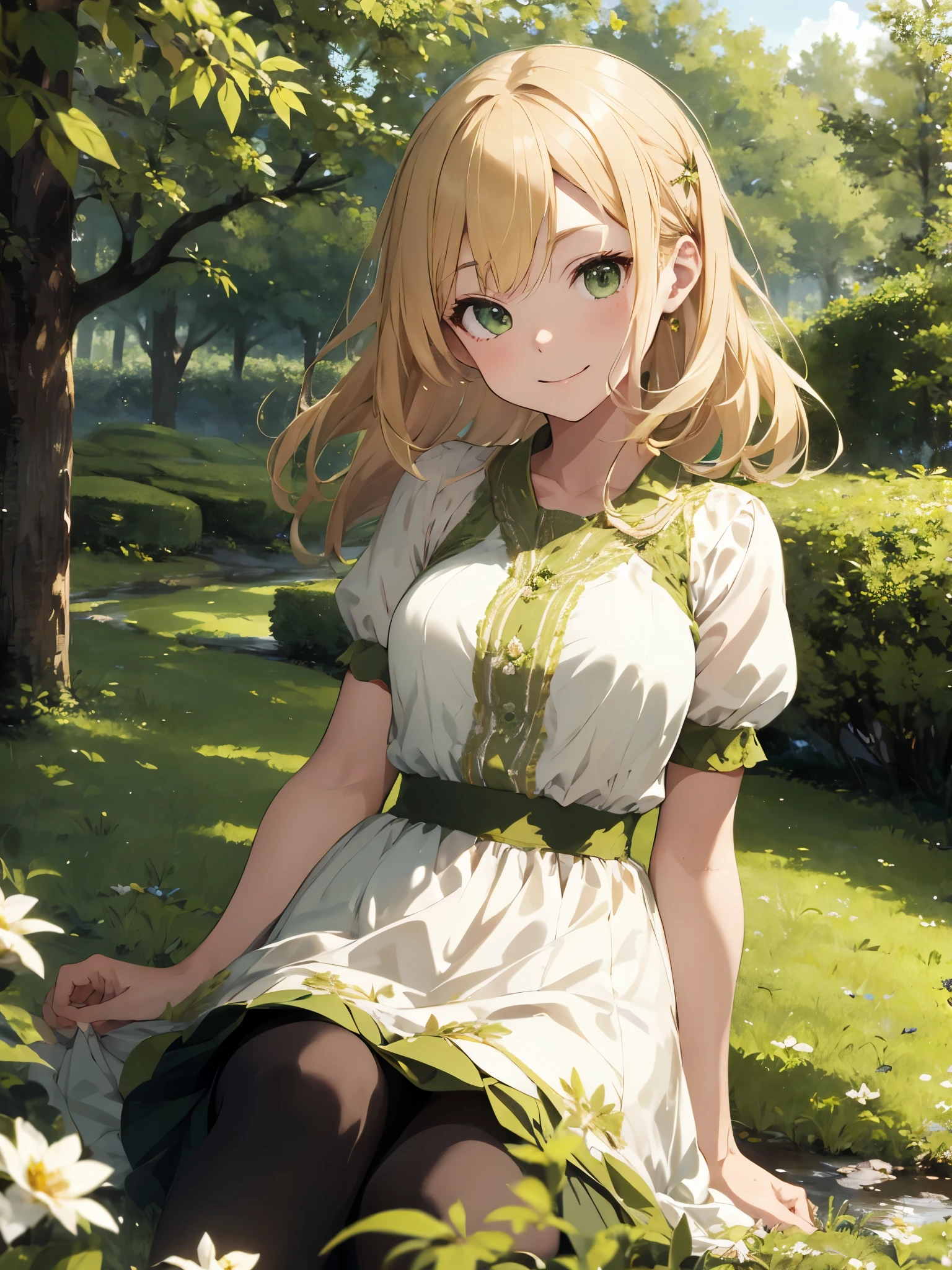 blonde hair, green eyes, royalty, medium hair, fit the body, dynamic angle, forest background, Princess, kind, elegant, poised, flower hairpin, smile [masterpiece, super detailed, highest quality]