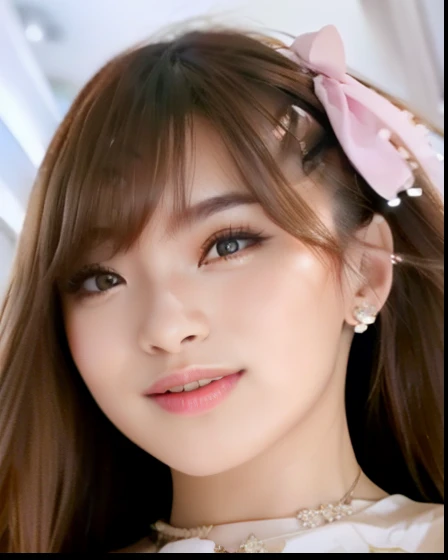 Young Woman, beautiful face, graceful, perfect face, wearing earrings, pink lips, little smile expression, Long bangs hair, Mouth closed, looking at viewer