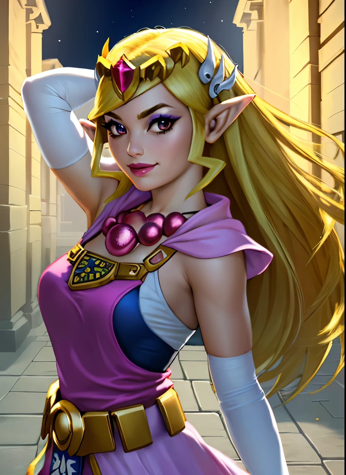 (best quality,4k,8k,highres,masterpiece:1.2),ultra-detailed,(realistic,photorealistic,photo-realistic:1.37),toon zelda,1girl,solo,long hair,beautiful detailed eyes,beautiful detailed lips,smile,blonde hair,gloves,dress,jewelry,pointy ears,elbow gloves,detailed belt,necklace,black eyes,makeup,tiara,eyeshadow,pulling up elbow glove to arm,toon style, vibrant colors,playful lighting.