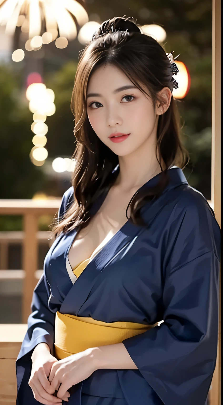 (8K、immaturegraphy、highest quality、masterpiece:1.45)、(realistic、Photoreal:1.35)、(((Fireworks Venue、night)))、one girl、cute、enchanting smile:1.2、(((Yukata、kimono、wearing fusion kimono and Yukata)))、professional lighting、Richly detailed facial features)、double eyelid、big breasts、valley、(胸にvalley間:1.3)、closed mouth、No bra、highly detailed face、super detailed hair、perfect body、perfect fingers、20 year old woman、cute、japanese goddess、Sexy、gravure、immature