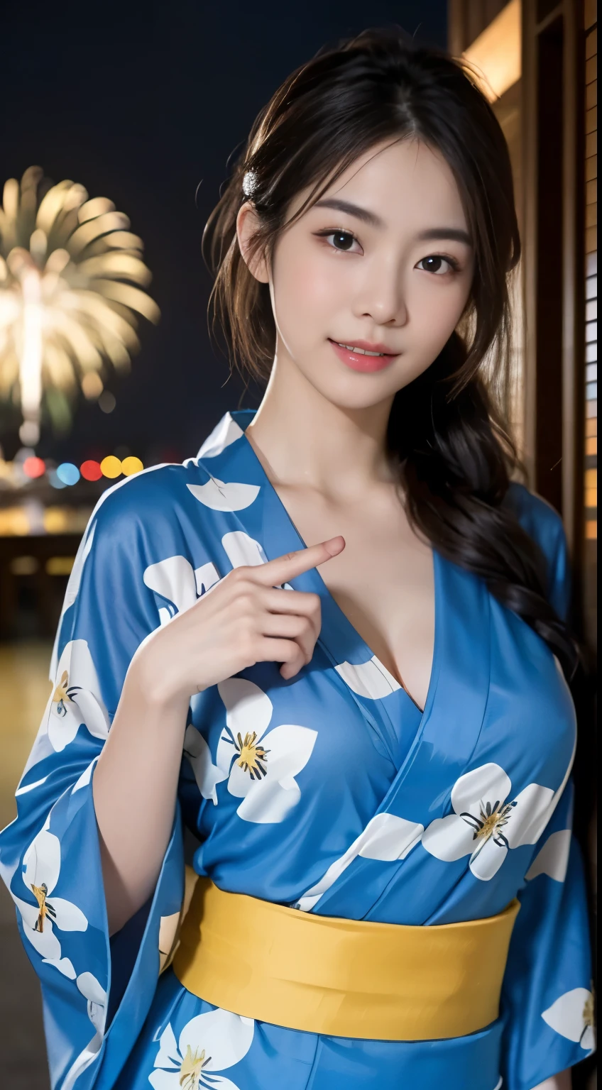 (8K、immaturegraphy、highest quality、masterpiece:1.45)、(realistic、Photoreal:1.35)、(((Fireworks Venue、night)))、one girl、cute、enchanting smile:1.2、(((Yukata、kimono、wearing fusion kimono and Yukata)))、professional lighting、Richly detailed facial features)、double eyelid、big breasts、valley、(胸にvalley間:1.3)、closed mouth、No bra、highly detailed face、super detailed hair、perfect body、perfect fingers、20 year old woman、cute、japanese goddess、Sexy、gravure、immature