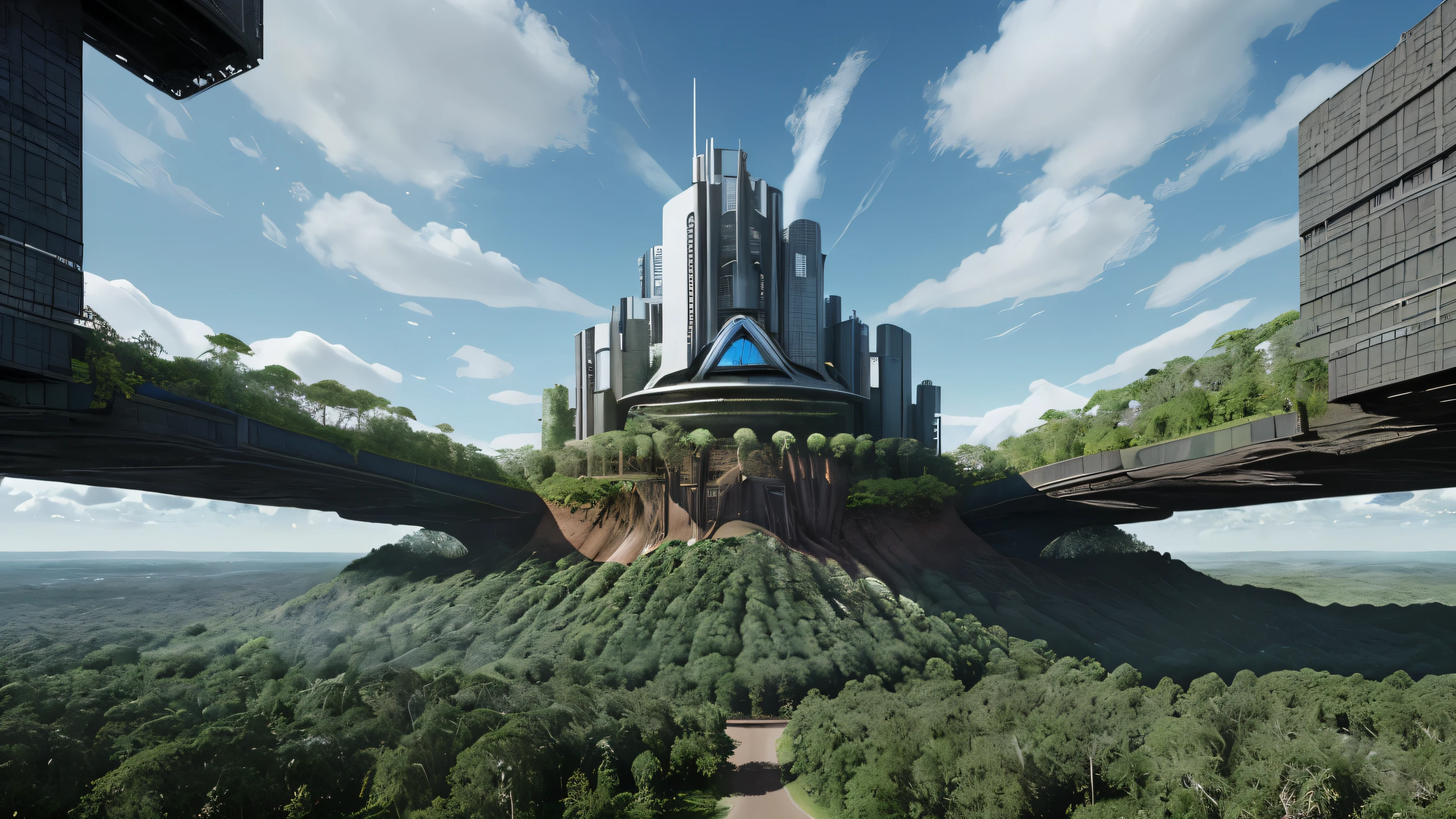 make an image to the topic "project soil". this is a future technology company. it is supposed to overtake all governments so make it look really powerful. it is mainly targeted at developing futuristic technologies with a little bit of steampunk and biomechanics. it is a dictatorship but in a positive way. add vegetation to show that it is a scientific breakthrough and not a distopia. make the sky more blue and add forest landscape.