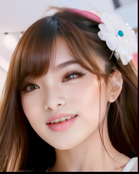 Young Woman, beautiful face, graceful, perfect face, wearing love earrings, pink lips, little smile expression, Long bangs hair, Mouth closed, looking at viewer