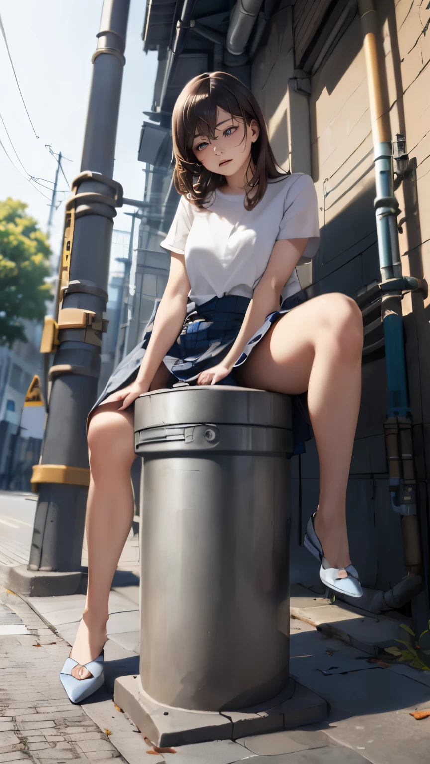 (drooping eyes, sleepy face, angle from below, realistic skin), ((straddling to hit her crotch against (the installed pipe-bollard) on the ground)), open legs, various-pattern-shirt and skirt, outside of the factory area,