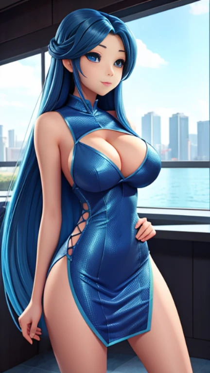 Asian Grid girl big breast long blue hair tight cleavage dress