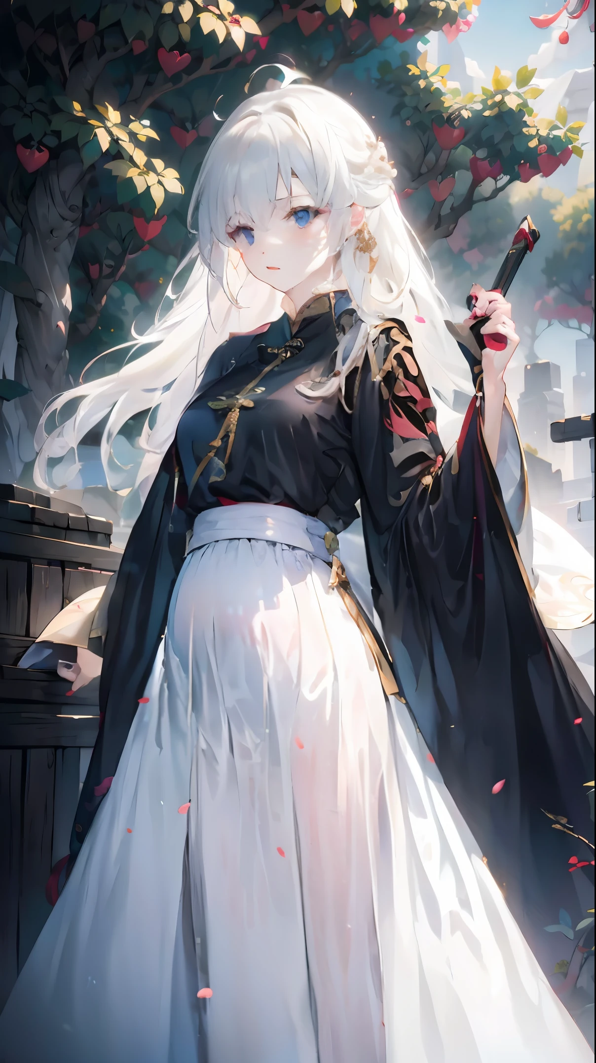 Golden hairpin, white ash hair, black shirt, white skirt, (black cloak:1.2), pale face, sweating, heavy breath, blushing, pregnancy  dresest quality:1.2), ultra-detailed,realistic ,portraits, vivid colors, soft lighting, interesting PoV, stocking, straight hair, pregnant, Pregnant  belly, anime girl, solo girl, light blue eyes, Chinese sword, swing sword, 