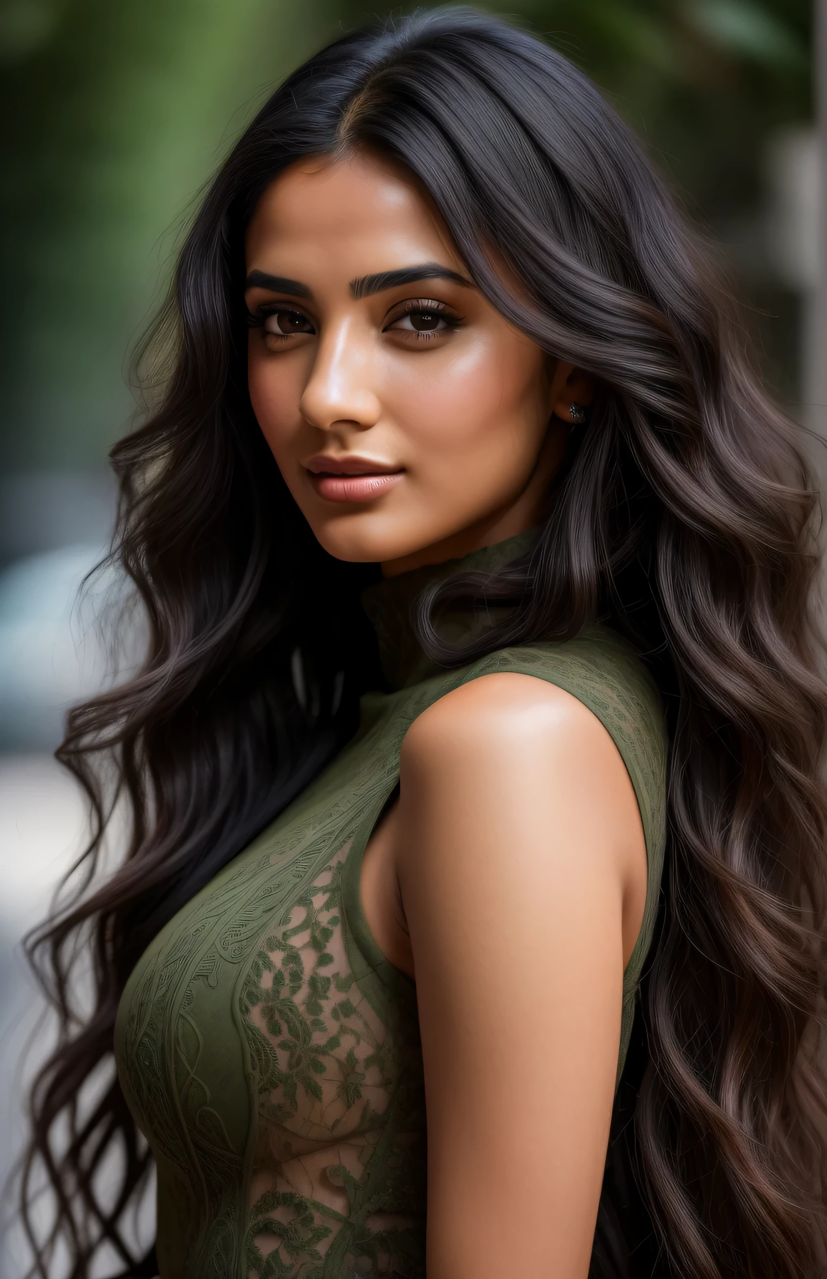 photo of a 23-year-old arabian girl, RAW, beautiful woman, (extra long wavy black hair), ((portrait)), ((detailed face: 1.2)), ((detailed facial features)), (finely detailed skin), olive skin, transparent clothing, bodycon hasmat bodycon of highly detailed deep neckline, megacity environment, (cool colors), damp, damp, reflections, (masterpiece) (perfect proportion)(realistic photo)(best quality) (detailed) photographed on a Canon EOS R5, 50mm lens, F/2.8, HDR, (8k) (wallpaper) (cinematic lighting) (dramatic lighting) (sharp focus) (intricate)