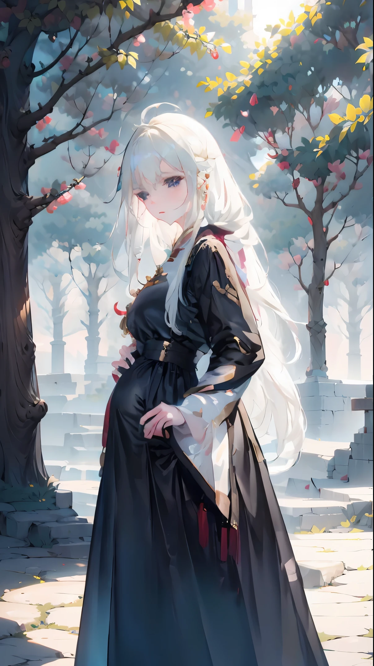 Golden hairpin, white ash hair, black shirt, white skirt, (black cloak:1.2), pale face, sweating, heavy breath, blushing, pregnancy dresest quality:1.2), ultra-detailed,realistic ,portraits, vivid colors, soft lighting, interesting PoV, stocking, straight hair, pregnant, Pregnant belly, anime girl, solo girl, light blue eyes, Chinese sword, swing sword,