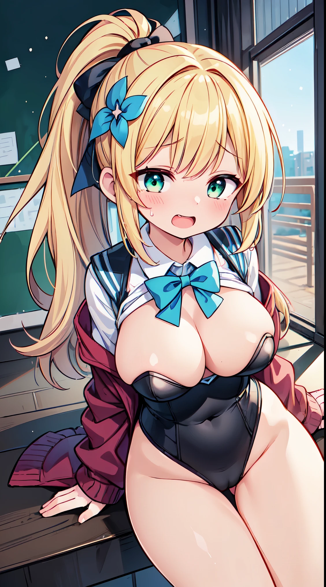 (masterpiece, top quality, best quality, official art, beautiful and aesthetic:1.2),ultra-detailed,intricate details,amazing illustration,award-winning art,atmospheric,
BREAK 1 beautiful girl, girl, (cute:1.5),(Little:0.5),(cute:2.0),(change:2.0),( girl),(big breasts:1.65),(chin hair,blonde,blue bow,green eyes,Eyebrows visible through the hair,side lock,long hair with bangs parted, hair flower, hair ornaments, big ribbon in hair, curly hair, ponytail:1.6),:he, white feathers, one thin white wing, Ang he wings, spread your wings, shining wings),pit \black},glowing skin, beautiful skin, Shining beautiful skin, open your mouth, bashful smile, alone, tooth, upper teeth,(long eyheashes, double eyheids:1.2),alone, glowing skin, beautiful skin, Shining beautiful skin,(highest quality face),(highest quality shining eyes), BREAK,
sitting, leaning back, arm support, knees together feet apart, from below, close-up pussy, dutch angle,embarrassed, (closed eyes:1.2), open mouth, sleepy, surprised, tears
BREAK ,(school uniform,leotard:1.2),(detailed beautiful face),(detailed eyes)
BREAK
(sit cutely,open clothes:1.3)
BREAK
(school,ultra pastel,extreme colors,colorful:1.6)
BREAL hallway, floor, window, shiny hair, portrait, panorama shot, cinematic angle, BREAK,wakame,wakame,wakame,(Cowboy Shot:1.4),
BREAK,(Blurry background:1.3),(absurderes, hight resolution, Super Detail Art),cel shading,Clear Color, Lonely optical effect, Beautiful pictures, Bright glow, mystic atmosphere,(Close-up of girl:1.1), Mystical light particle effect,manga influence, clean line drawings,