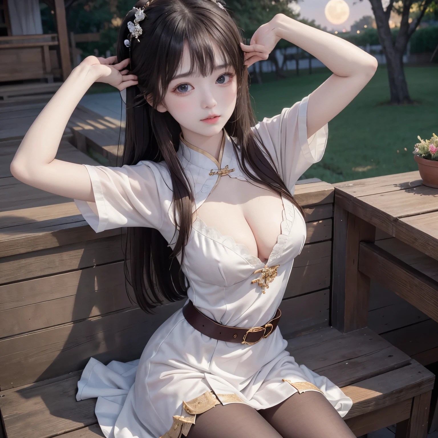 (in 8K、Raw photography、top-quality)、(realisitic、Photorealsitic:1.37)、ultra-detailliert、超A high resolution、10years old girl、beautifull detailed face、Thicker thighs、Constriction、(Slim waist:1.3)、Lying position、Panting look、Writhing expression、bra detail boobs, Lower body wrapped in pantyhose, Tight clothes、Skirt clothes,a princess 10 yeald old cute Hanfu  dynasty open V-chested clothes royal, Wet body of thin silk fabric, Thin silk lace dress, (huge boobs，cleavage),, white pink bra detail ，best qualtiy，tmasterpiece，超高分辨率，（真实感：1.4），RAW photogr，（True skin texture：1.3），（filmgrain：1.3），（Selfie angle），1个Giant Breast Girl，Beautiful eye and face details，tmasterpiece，Best quality at best，，The chest  more exposed， detailed hair，above looking down facing at camera,short dressPrincess Eyes,Super big eyes,Detailed face,shiny pupils,  (a garden,moon palace,), waist belt silk lace